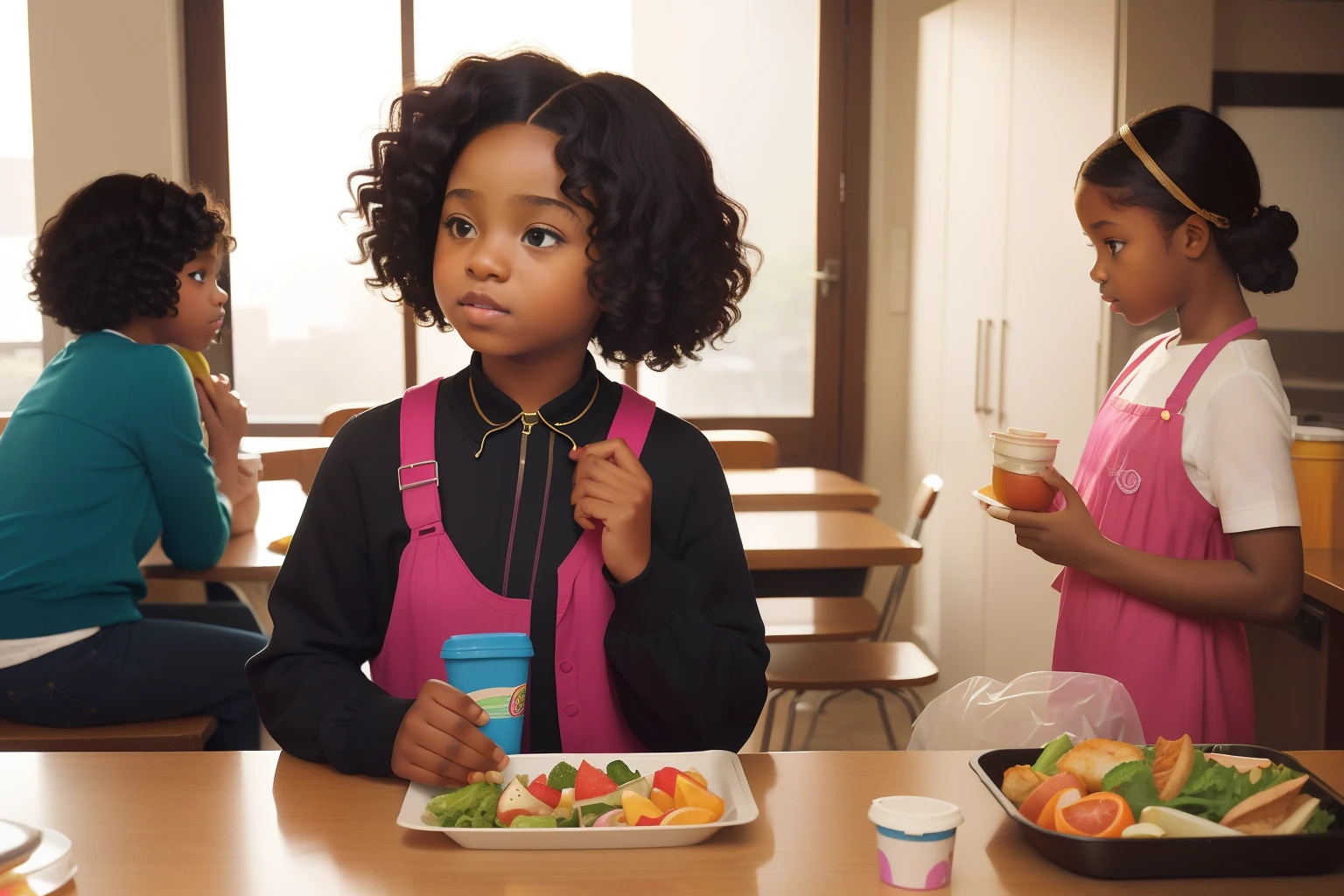 Year: 2012. Location: North River Heights, Manhattan. pre-raphaelite -yeld bl girl, curly hair, middle sc with her lunch, (((2010s colorful clothes))) ((2010s hairstyle)) ((in the style of "OMITB")) ((cinematic style))