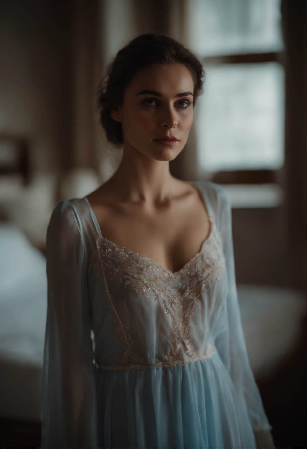 "(best quality,4k,8k,highres,masterpiece:1.2), ultra-detailed, young brunette girl, beautiful detailed blue eyes, slim figure, shy face, wide angle view, light clothing, nightgown, lingerie, light makeup", Carnal desire