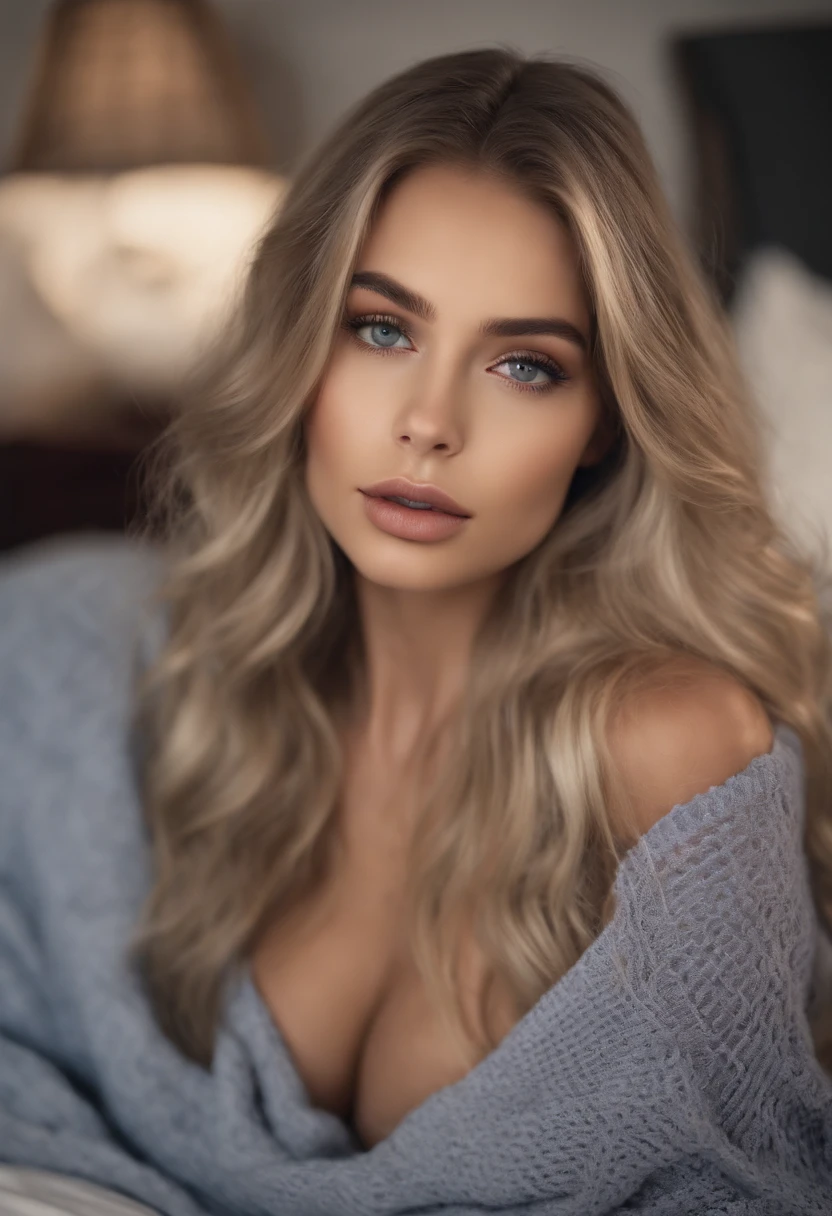 Arafed woman completely , fille sexy aux yeux bleus, ultra realist, Meticulously detailed, Portrait Sophie Mudd, cheveux blonds et grands yeux, selfie of a young woman, Yeux de chambre, Violet Myers, sans maquillage, maquillage naturel, looking straight at camera, Visage avec Artgram, Maquillage subtil, Great photo of the whole body kneeling on the bed, dans la chambre, Medium to large bust