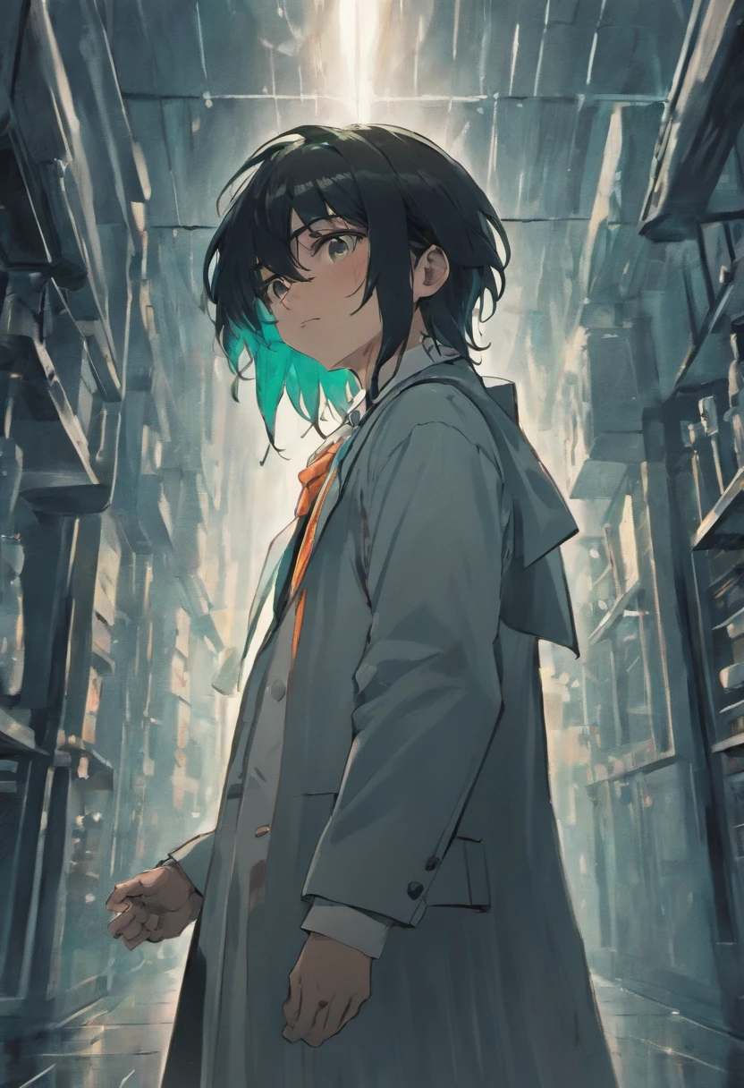 draw a skinny man in his lab coat long black hair dying from his wound in the narrow streets raining. the shot has to be from above. the scene is at night