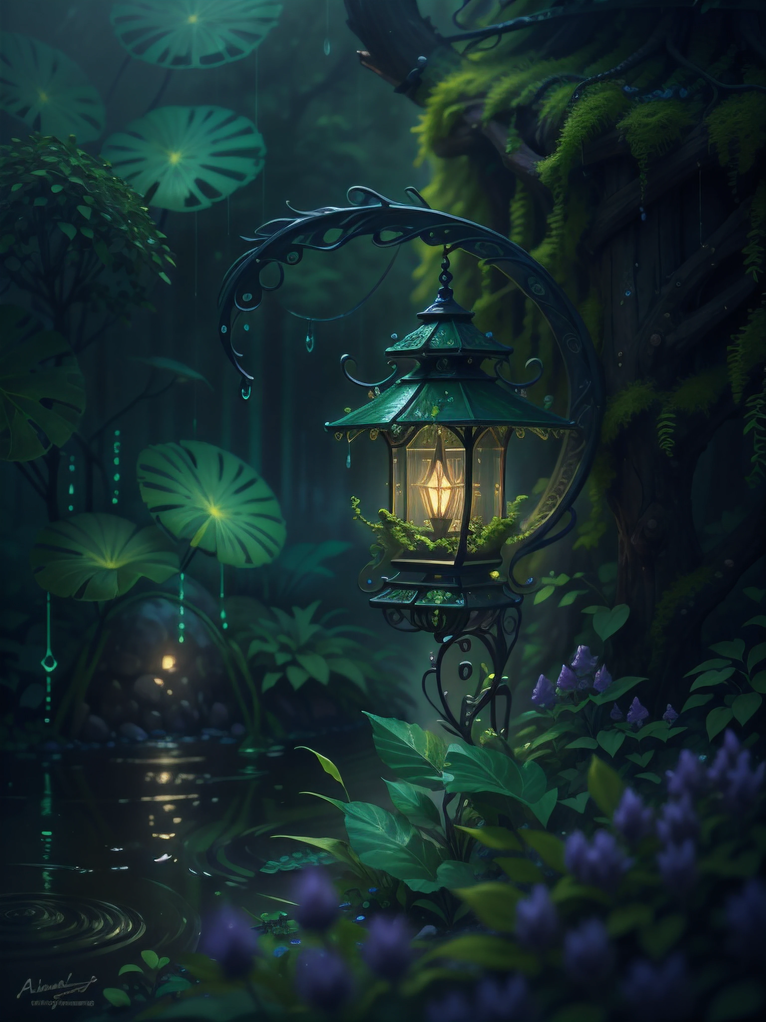 imagine in a small town on a rainy night, in the garden of a house, streetlamp, color, a little moss, shady house in a forest in stormy weather, Lavender, flower, Miki Asai Macro photography, close-up, hyper detailed, trending on artstation, sharp focus, studio photo, intricate details, highly detailed, by greg rutkowski