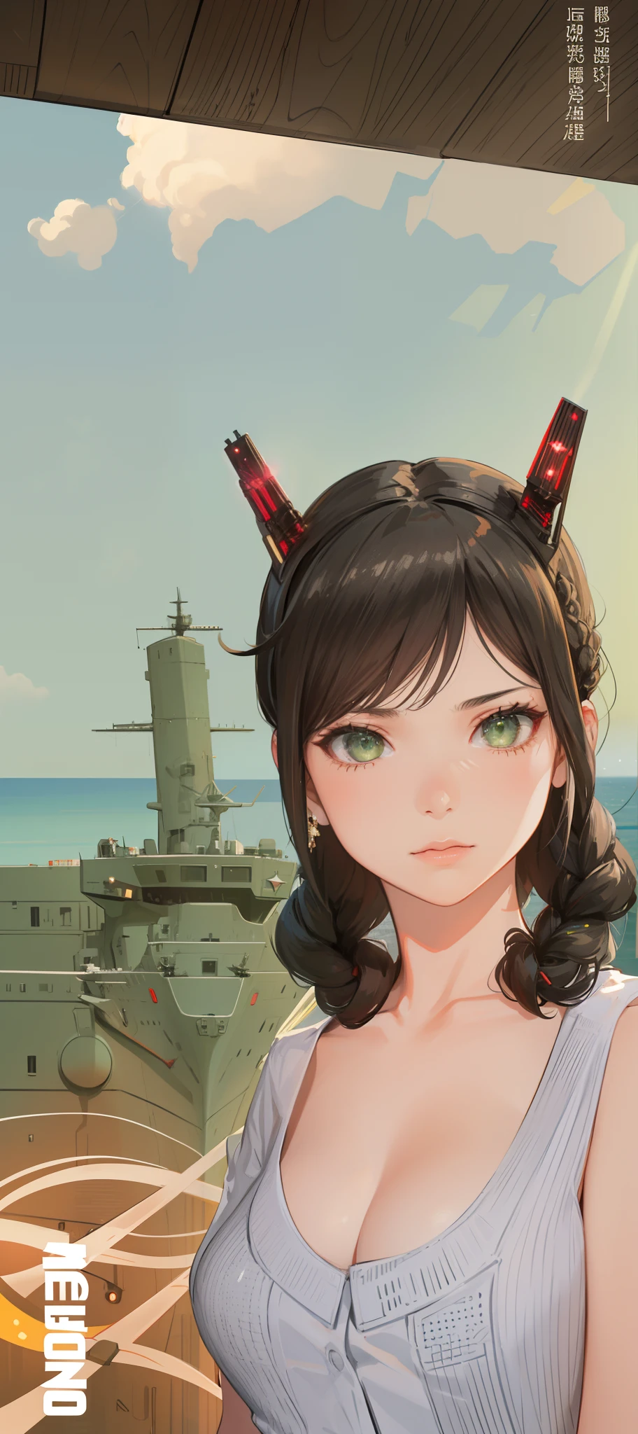 high definition,woman,small size,black hair,double braid hairstyle,bang bang,green eyes,red glasses,in formal dress,uniform,white coat,dark expression,warship,ship aircraft carrier, futuristic, science fiction, warplane, space, war