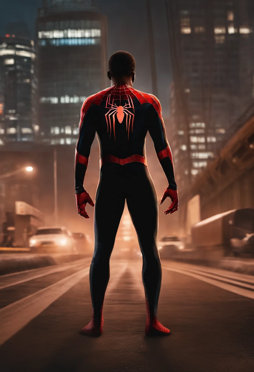 Miles Morales do filme Spiderman e o Multiver Aranha em Fotorealista, Cabelo crespo, Olhos castanhos, Pose Stand, arms and hands up in a straight line making a bridge, Corpo inteiro, Pose Stand