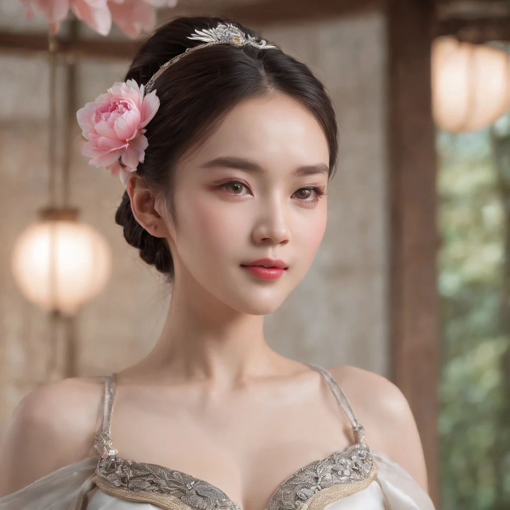 Best quality, Masterpiece,Upper body,(Background:sonoko),1 girl, Mature woman, Chinese style, Ancient China, sister, Dancer, Dark brown hair, Dark hair, Princess cut, Fried dough twisted braids, Coiled hair, Double ball head,Coiled hair,Streamers, Light pink lips, calm, Intellectual, Red eyes, nipple tassels, Silver, Beads,Peony flower, offcial dress, capes, Silk skirt, Embroidery, Fine face, facial closeups, Close-up of the hand,Light-colored clothes,Beautiful face,Photorealistic, rim lit, twotonelighting,(highdetailskin:1.2), 8K Ultra HD, Digital SLR, Soft lighting, High quality, voluminetric lighting, photographed, high resolution, 4K, 8K, Bokeh