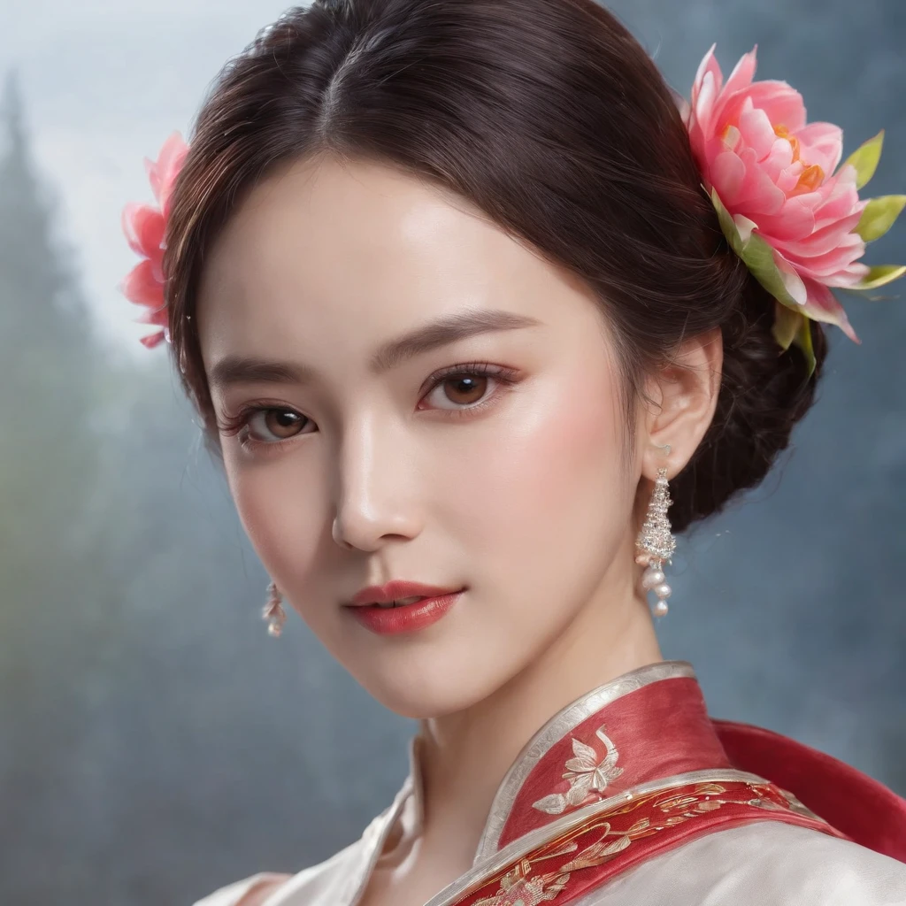 Best quality, Masterpiece,Upper body,(Background:sonoko),1 girl, Mature woman, Chinese style, Ancient China, sister, Dancer, Dark brown hair, Dark hair, Princess cut, Fried dough twisted braids, Coiled hair, Double ball head,Coiled hair,Streamers, Light pink lips, calm, Intellectual, Red eyes, nipple tassels, Silver, Beads,Peony flower, offcial dress, capes, Silk skirt, Embroidery, Fine face, facial closeups, Close-up of the hand,Light-colored clothes,Beautiful face,Photorealistic, rim lit, twotonelighting,(highdetailskin:1.2), 8K Ultra HD, Digital SLR, Soft lighting, High quality, voluminetric lighting, photographed, high resolution, 4K, 8K, Bokeh