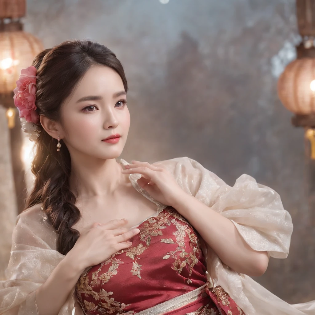 Best quality, Masterpiece,Upper body,(Background:sonoko),1 girl, Mature woman, Chinese style, Ancient China, sister, Dancer, Dark brown hair, Dark hair, Princess cut, Fried dough twisted braids, Coiled hair, Double ball head,Coiled hair,Streamers, Light pink lips, calm, Intellectual, Red eyes, ?????? tassels, Silver, Beads,Peony flower, offcial dress, capes, Silk skirt, Embroidery, Fine face, facial closeups, Close-up of the hand,Light-colored clothes,Beautiful face,Photorealistic, rim lit, twotonelighting,(highdetailskin:1.2), 8K Ultra HD, Digital SLR, Soft lighting, High quality, voluminetric lighting, photographed, high resolution, 4K, 8K, Bokeh