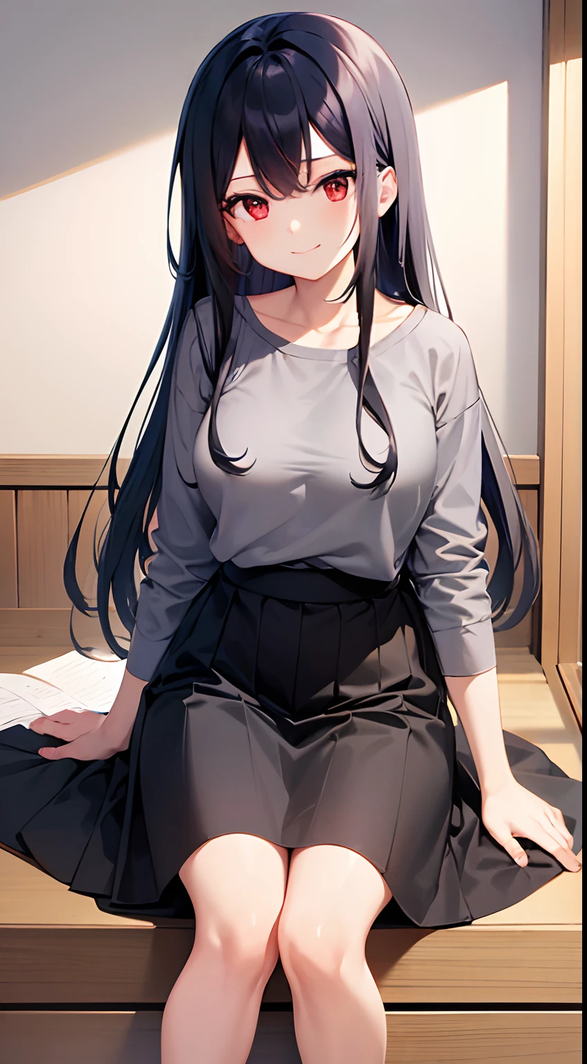 a woman with long hair and a gray shirt, mingei, booru, high quality, smiled at me, booru, ultra detailed, best quality, expressive eyes, perfect face, synchromism, red eyes, dada
