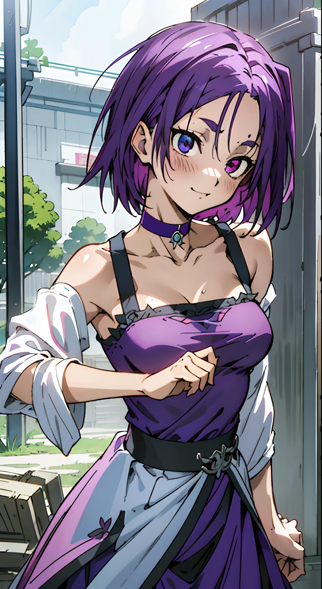 masutepiece, Best Quality, Ultra-detailed, Off-the-shoulder clothing, Colorful,Up-close, Hyper-detailing，purple color  hair, Reo Mikage, Blue Lock, no sleeves, Camisole, Blue Camisole, Cheongsam, chinese clothes, Chest exposure, Underwear, Metamorphosis is exposed, Choker, arm warmer, Sexy breasts, Scar, Big breasts, red blush, 1girl in, Solo, Sharp face, Heterochromia, Green eyes, Purple eyes, Bare neck, Happy face, rays of sunshine, Brave Sky, shining sky, Theara, Slums