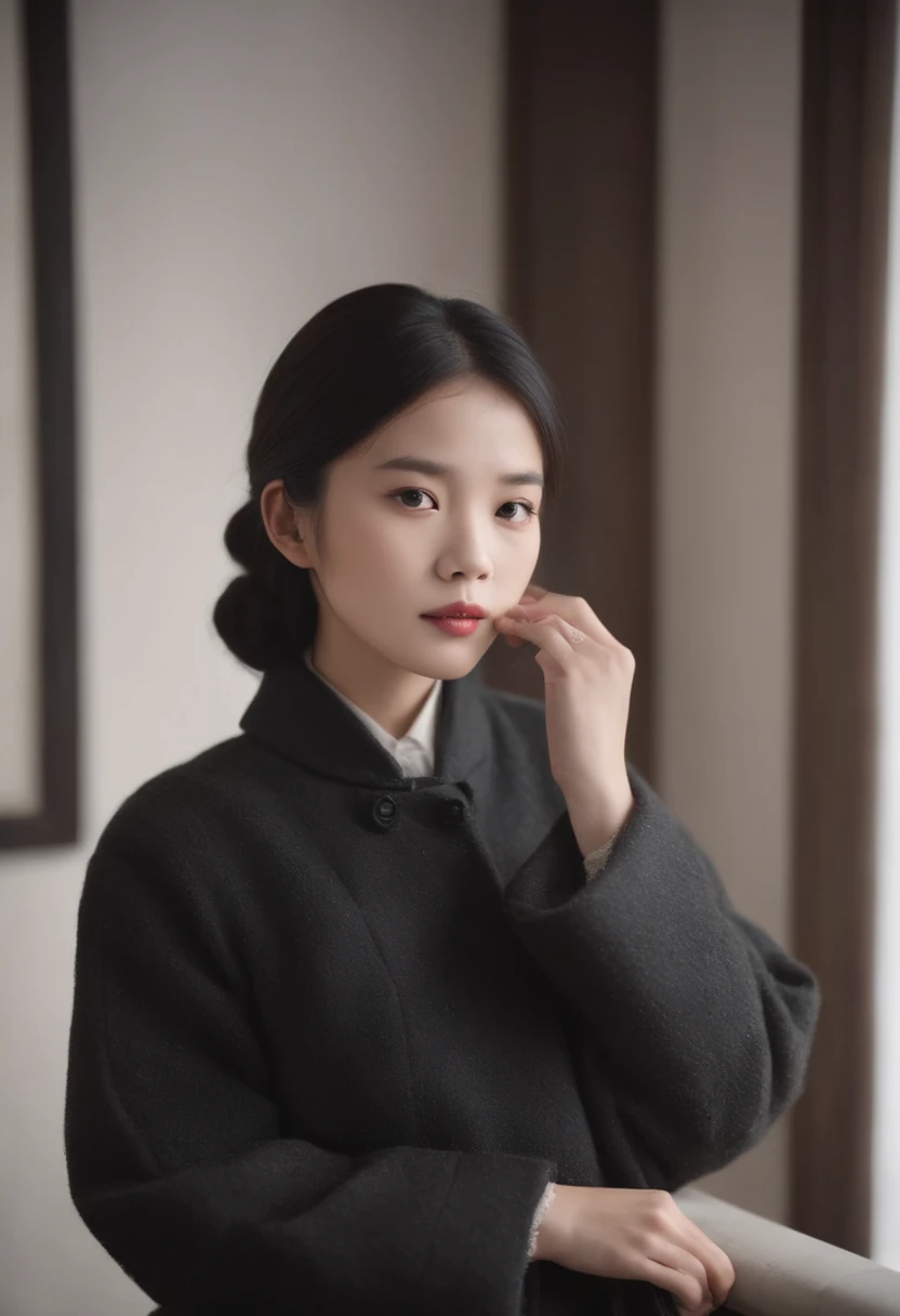 Chinese girl, bedroom,sit,short coat,Skirt,There are moles at the corners of the mouth,black hair