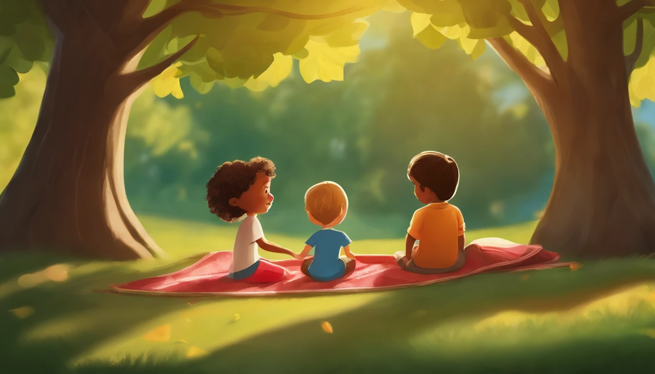 Generate an image portraying two lively children engaged in a game of hide and seek. One child should be energetically searching, possibly with hands shading their eyes, while the other child is cleverly concealed in a vibrant outdoor setting. The hiding spots could include a leafy tree canopy, dense bushes, playground equipment, a park bench, or a blanket fort.
Set the scene in a sunlit park, with dappled sunlight filtering through trees. Capture the excitement and innocence of this childhood moment, emphasizing the joy and anticipation as they play this timeless game.