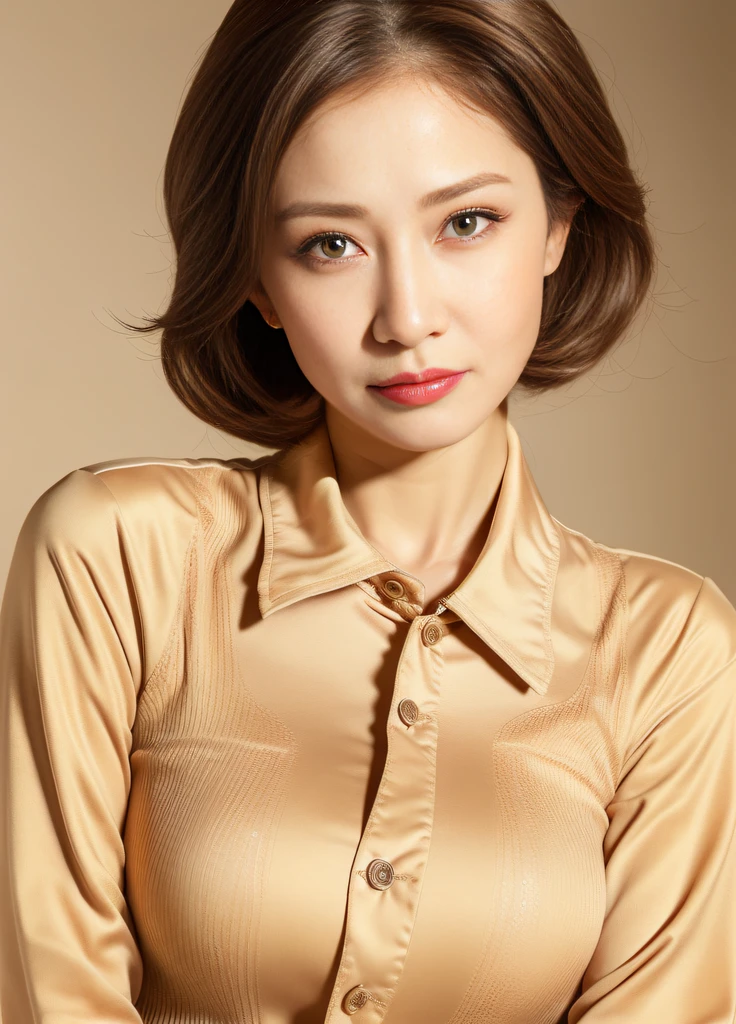 masterpiece,best quality, (1 milf), ((portrait:1.5)), ((looking at the viewer)), makeup, elegant beige shirt, touch own chest, ((seduction expression)),