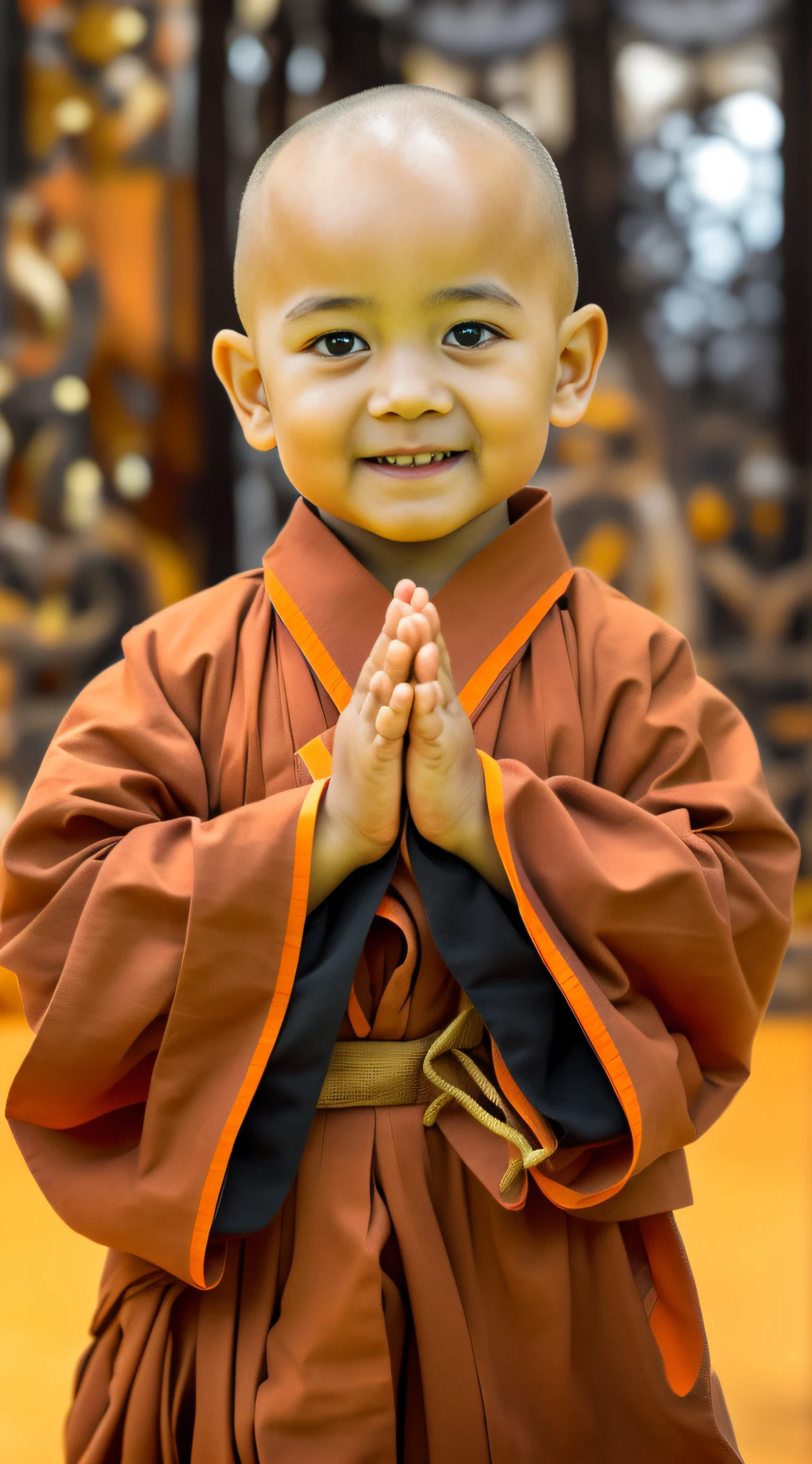 A little monk with a toddler，had his hands folded，sit with legs crossed，Orange monk robe，Perfect facial features，face to the viewer，with black background