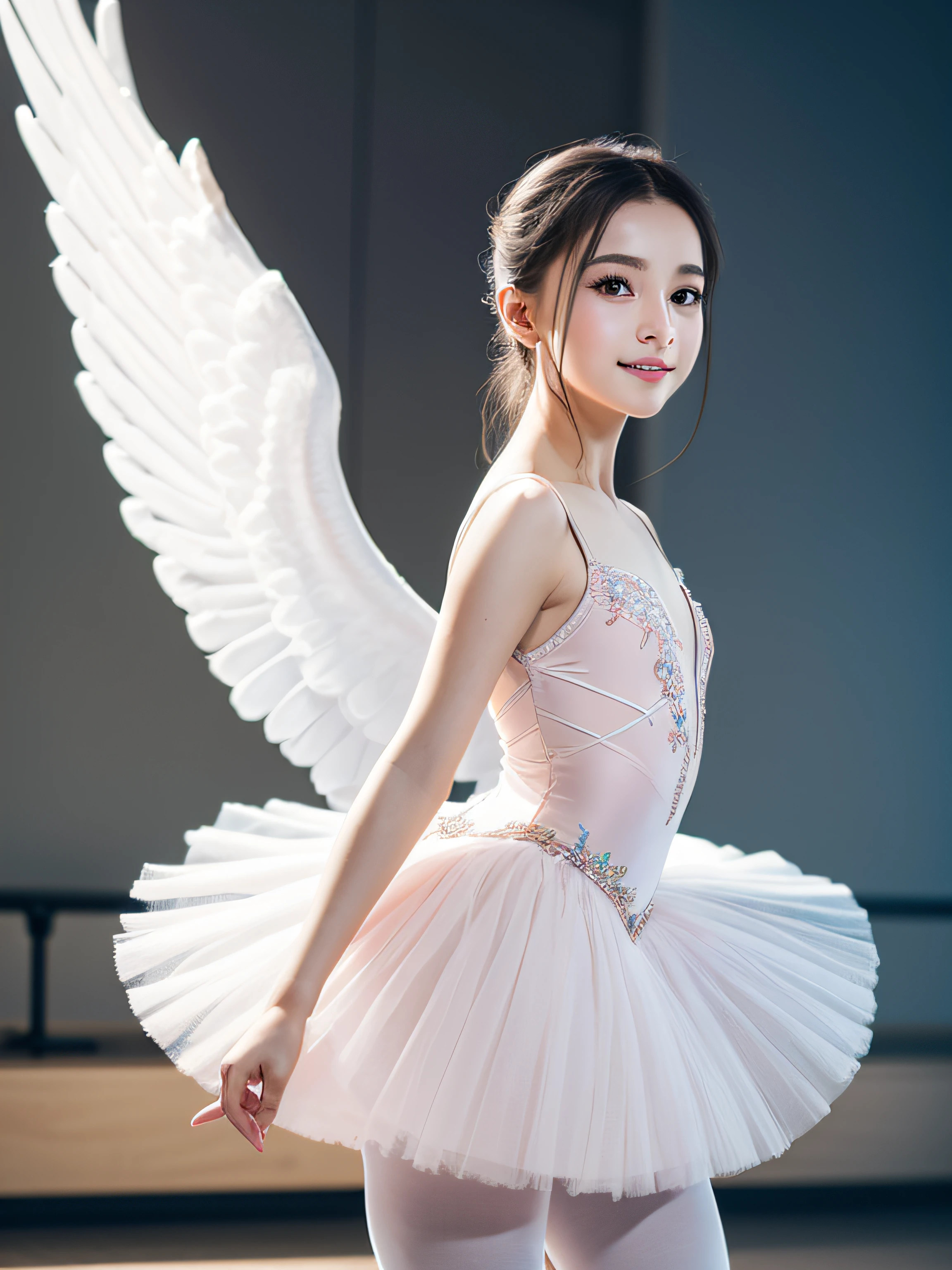 top-quality、8k picture、Piece of art、Ballet Swan Lake Choreography Practice、The figure of a girl in a ballet dress, slenderbody、tiny chest、long and thin legs、Elaborate face、Detailed nasal nose、Detailed pupils、Closed lips、Angel smile、shot from a low-angle、