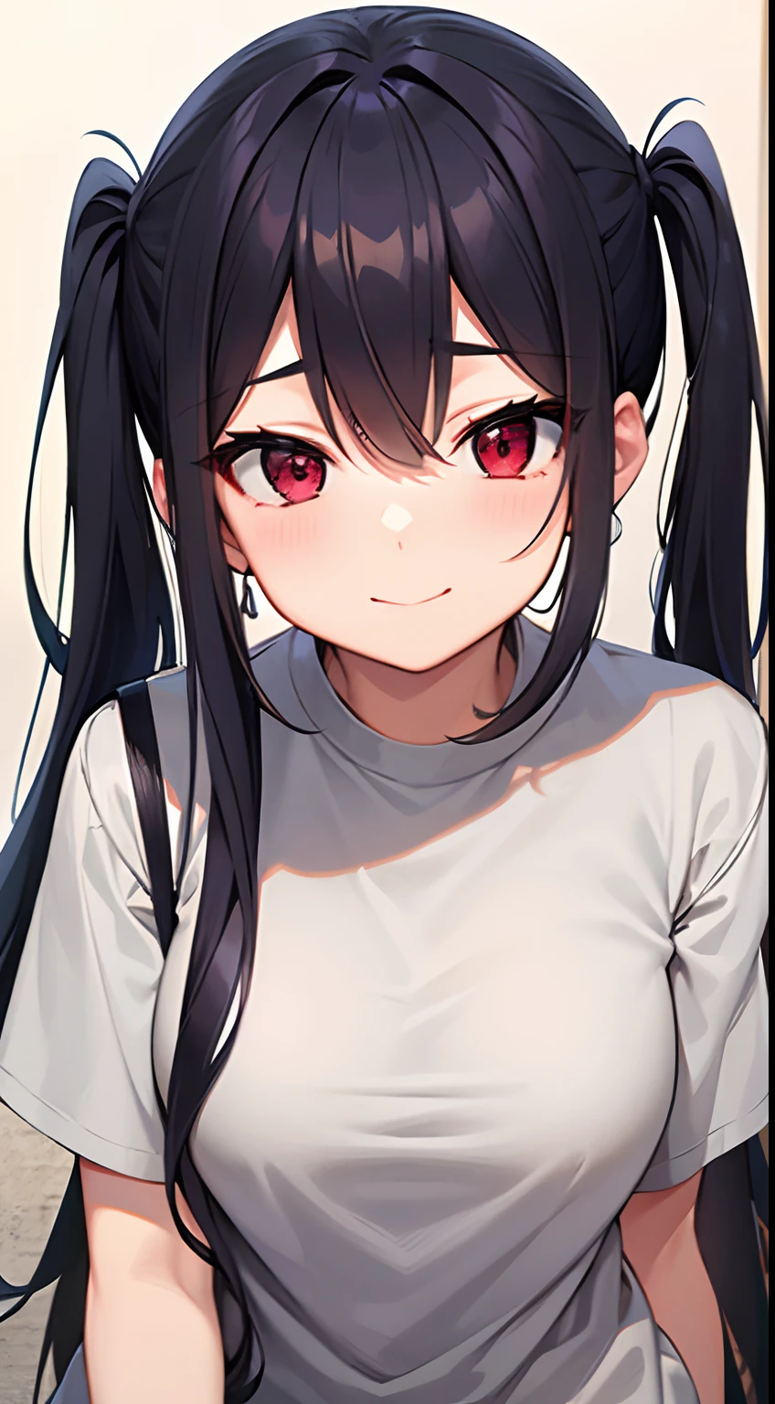 a woman with long hair and a gray shirt, mingei, booru, high quality, smiled at me, booru, ultra detailed, best quality, expressive eyes, perfect face, synchromism, red eyes, dada