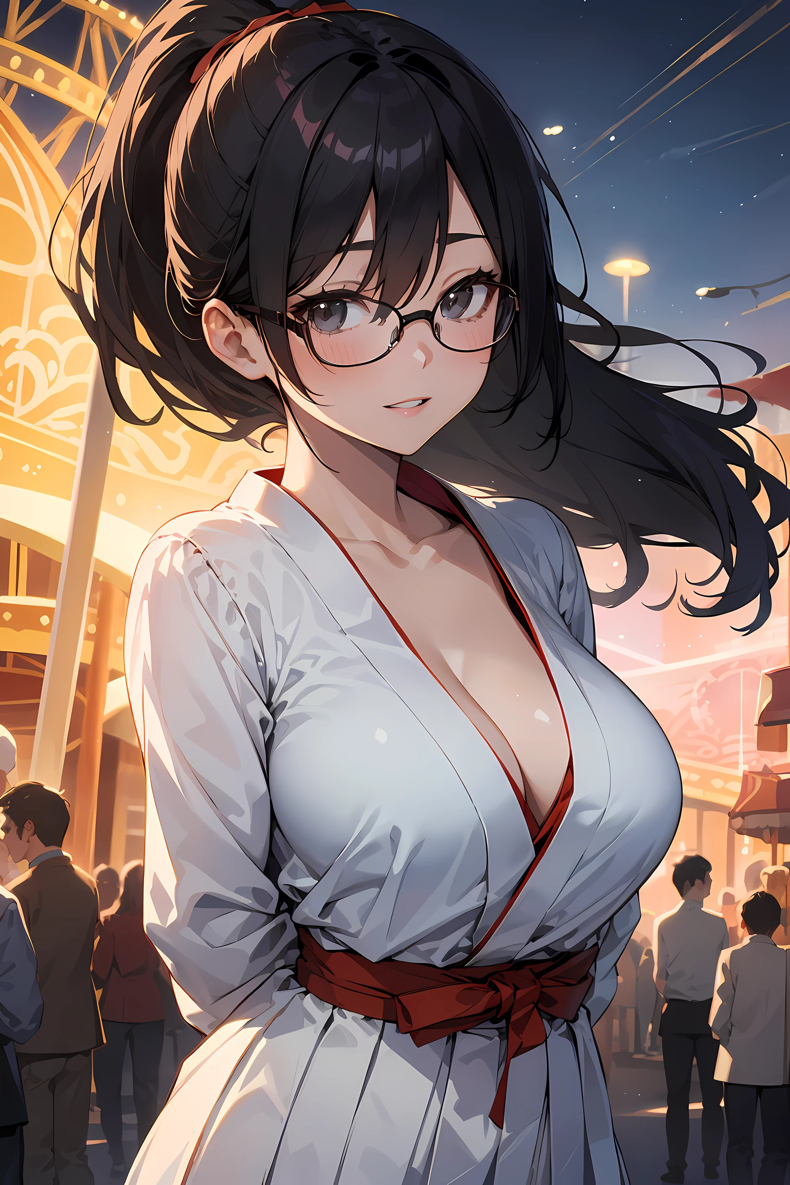 high resolution, Photo of a beautiful woman detailed_face, young handsome girl,realistic:0.5, perfect skin, (wearing a glasses:1.5), from behind:1.5, (ultra-detailed background, detailed background), bokeh, make happy expressions, happy emotion, gorgeous,pure, beautyfull detailed face and eyes,breasts, (black eyes:1.1), (a extremely pretty and beautiful Japanese woman), (sexy girl), (professional attire:1.3), (22 years old: 1.1), BREAK, (lovely outfit:1.2), (detailed miko outfit:1.2), (white dogi:1.2), (red hakama:1.2))), cleavage, beautiful detailed skin, (cute:1.2), (black hair), ((jpop idol)), (upper thigh:0.6), (depth of field),soft light, Lens Glow looking at viewer, (Drooping eyes:1.2), straight teeth,smile, floating hair, (black hair:1.2), brown eyes BREAK movie scene, cinematic, full colors, 4k, 8k, 16k, RAW photo, masterpiece, professionally color graded, professional photography, high school girl, hair up, , soft clean focus, realistic lighting and shading, (an extremely delicate and beautiful art)1.3, elegant,active angle,dynamism pose BREAK (ponytail:1.3), (shiny-black thin hair:1.2), bangs, dark brown eyes, beautiful eyes, princess eyes, (big eyes:1.3), bangs, wearing a glasses:1.3, Hair between eyes, short hair:1.3, (slender:1.1), (medium-breasts:0.95), (thin waist: 1.15), (detailed beautiful girl: 1.4), Parted lips, Red lips, full-make-up face, (shiny skin), ((Perfect Female Body)), (upper body image:1.3), Perfect Anatomy, Perfect Proportions, (most beautiful Korean actress face:1.3, extremely cute and beautiful Japanese actress face:1.3), ,(1glasses girl:1.3, solo), ,(blush:1.1), gray background, solo focus, (bust shot:1.2), cinematic light, (nostalgic night scene:1.4), (amusement park:1.4), (merry-go-round、the Ferris wheel、rollercoaster), (arms behind back :1.4), (looking at viewer:1.2