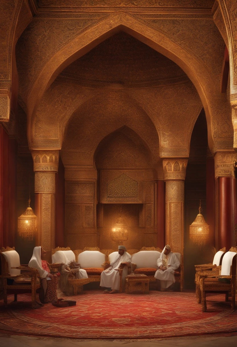 The day of judgement, 5 royal chairs for the noble ones, muslims wearing traditional dress, people enjoying themselves, ultra realistic, 4k Hd, detailed, and a holy book placed above a stand, canopied couches.