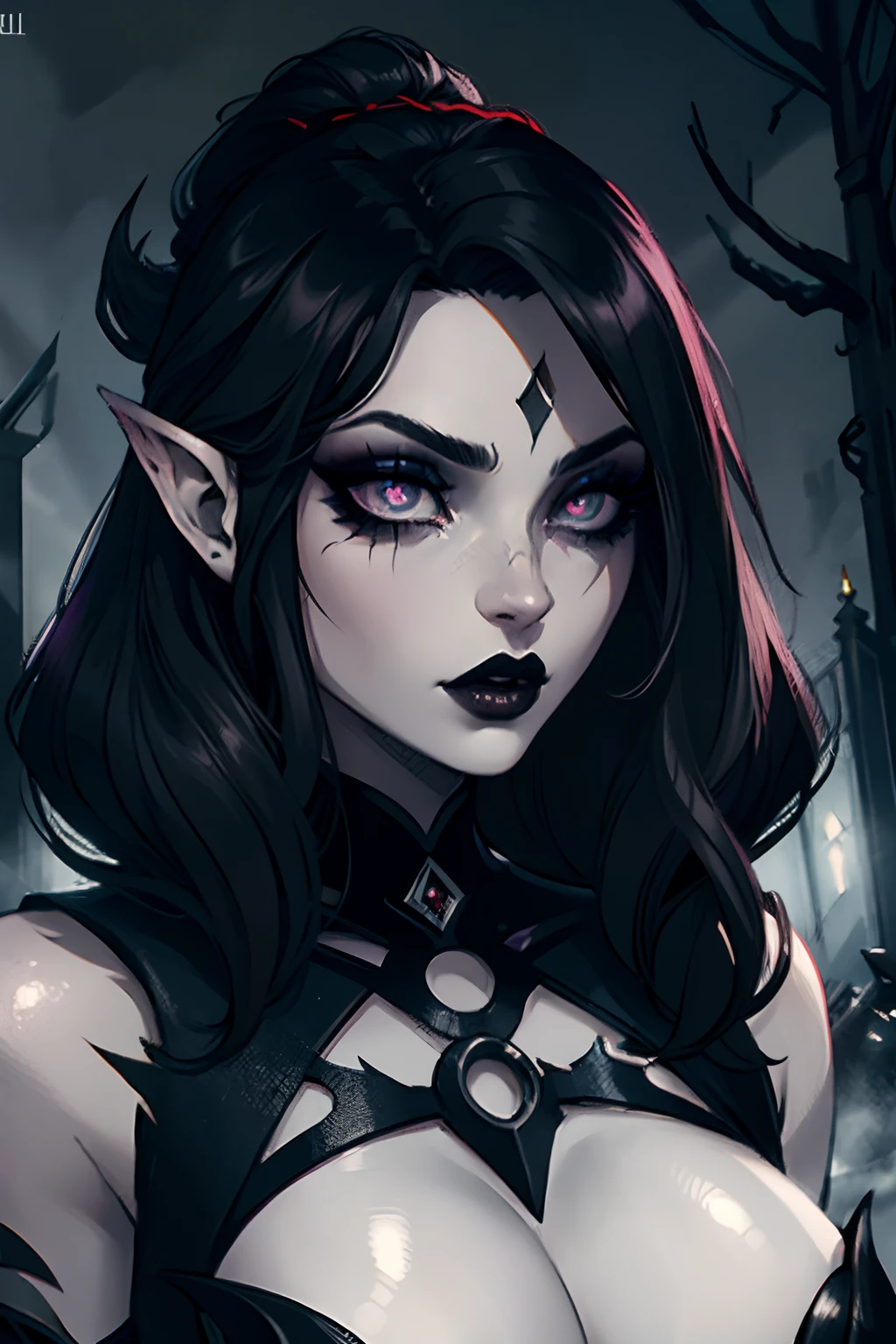 (detailed,high quality),dark and mysterious elvish girl, pointy ears,striking makeup,dark lips,elaborate costume,black lace details,red contact lenses,intense gaze,
heavy eye makeup,pale skin,punk hairstyle, (cool,edgy),gothic aesthetic, lighting,ethereal atmosphere, cinematic portrait