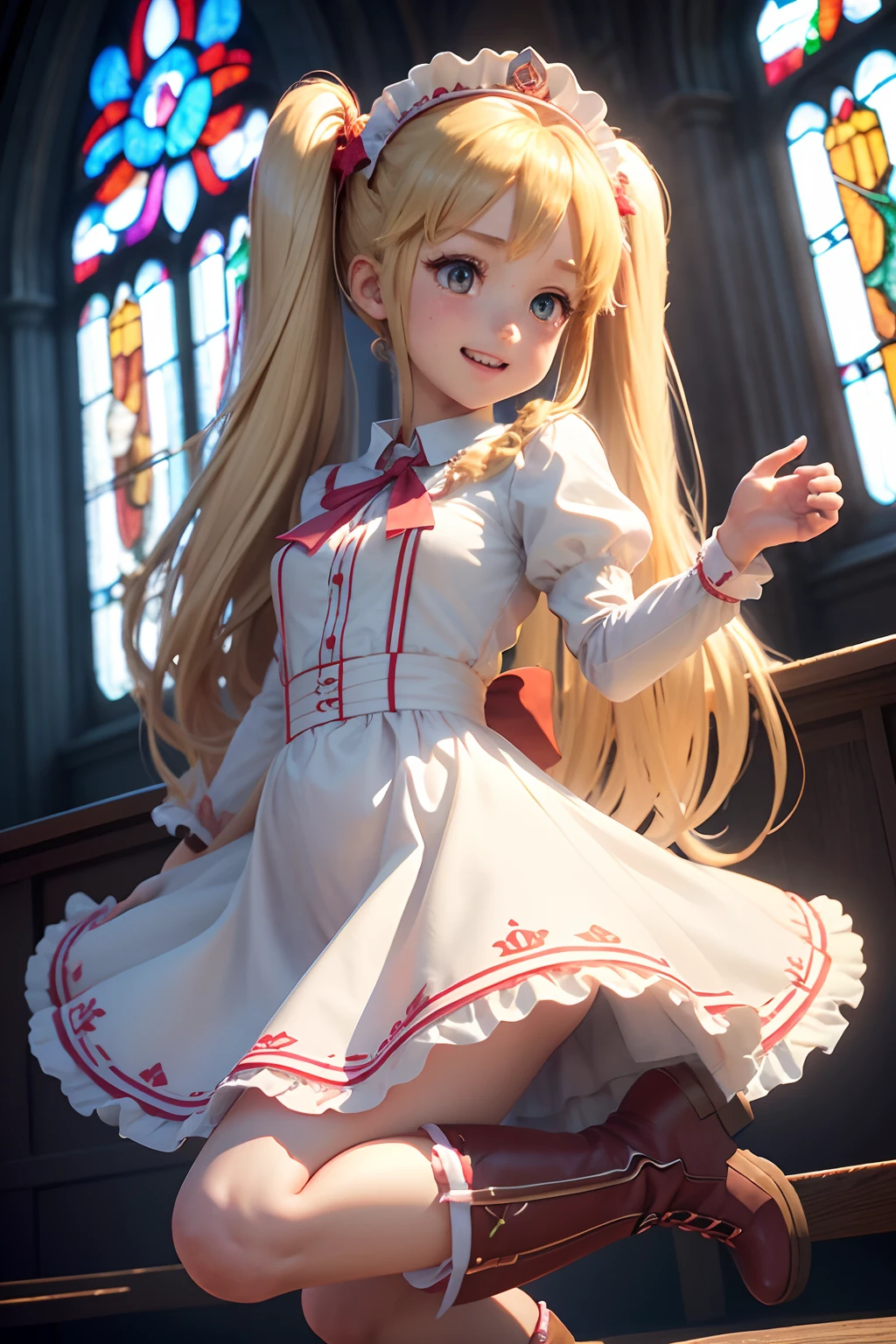 (1girl in),( absurdly , High quality , ultra-detailliert ),(Summer in the morning),(masutepiece),(Stained Glass Church),(Long-haired blonde twintails),（White Maid Long Dress）,with a red ribbon on the head,,,,,(Cute 3D anime petite girl rendering),Super Detailed Beautiful Girl,Energetic pose,Laughing,jump up、watching at viewers,Wearing long boots,Has big angel wings,Halo,heart mark, Full body portrait, Perfect face and nice perfect face, Surreal concept, 8K resolution, photographic quality,