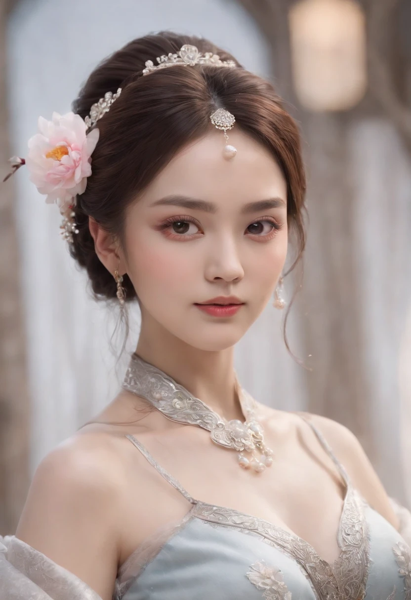 Best quality, Masterpiece,Upper body,(Background:sonoko),1 girl, Mature woman, Chinese style, Ancient China, sister, Dancer, Dark brown hair, Dark hair, Princess cut, Fried dough twisted braid, Coiled hair, Double ball head,Coiled hair,Streamers, Light pink lips, calm, Intellectual, Red eyes, nipple tassels, Silver, Beads,Peony flower, offcial dress, capes, Silk skirt, Embroidery, Fine face, facial closeups, Close-up of the hand,Light-colored clothes,Beautiful face,Photorealistic, rim lit, twotonelighting,(highdetailskin:1.2), 8K, Ultra HD, Digital SLR, Soft lighting, High quality, voluminetric lighting, photographed, high resolution, 4K, 8K, Bokeh