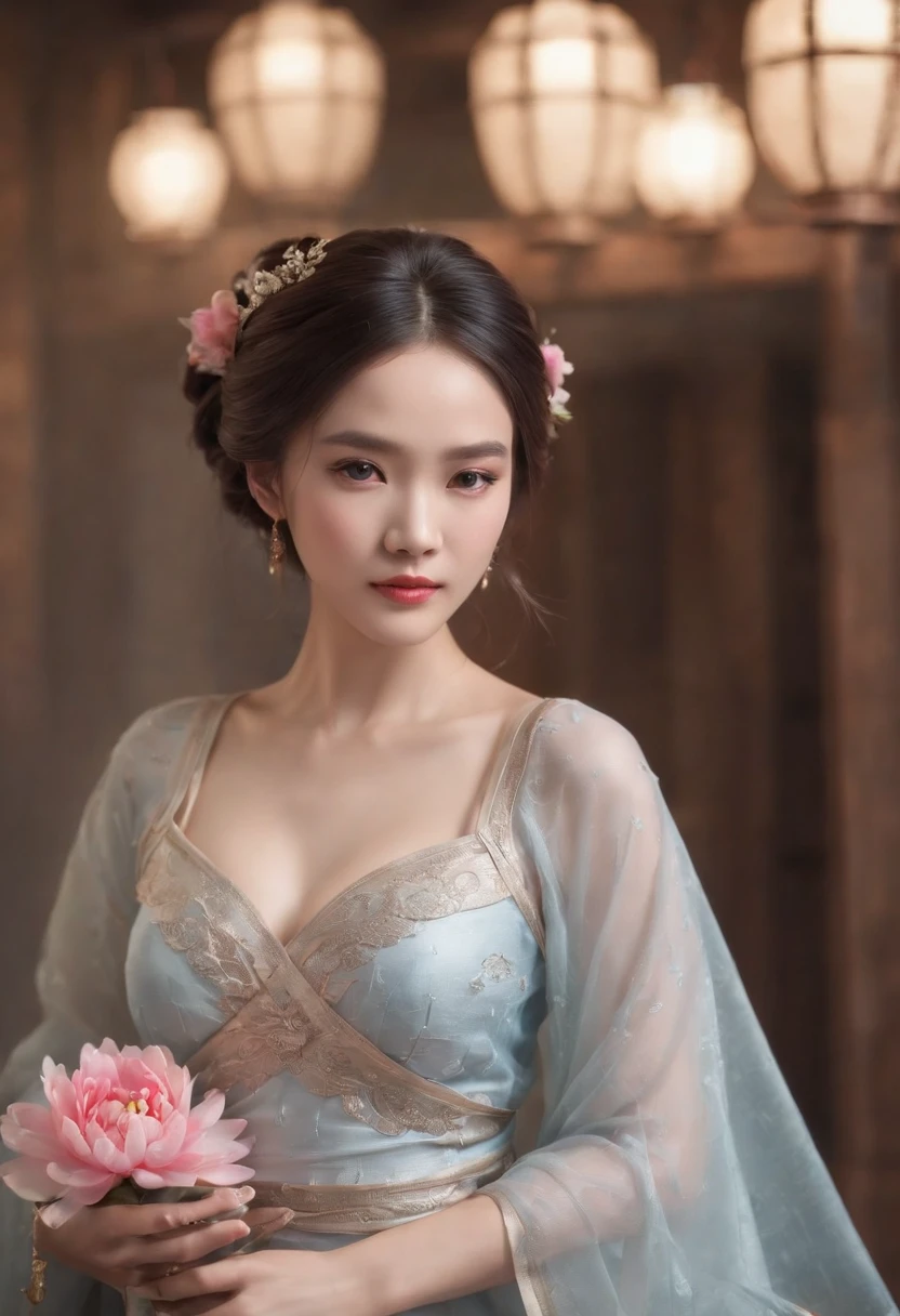 Best quality, Masterpiece,Upper body,(Background:sonoko),1 girl, Mature woman, Chinese style, Ancient China, sister, Dancer, Dark brown hair, Dark hair, Princess cut, Fried dough twisted braid, Coiled hair, Double ball head,Coiled hair,Streamers, Light pink lips, calm, Intellectual, Red eyes, nipple tassels, Silver, Beads,Peony flower, offcial dress, capes, Silk skirt, Embroidery, Fine face, facial closeups, Close-up of the hand,Light-colored clothes,Beautiful face,Photorealistic, rim lit, twotonelighting,(highdetailskin:1.2), 8K, Ultra HD, Digital SLR, Soft lighting, High quality, voluminetric lighting, photographed, high resolution, 4K, 8K, Bokeh