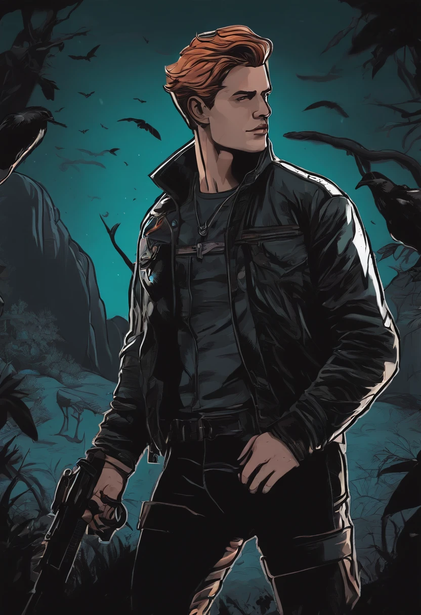 /imagine prompt: Hunter illustration with black background sticker, Bold outline style, Jagged edges, Trash core, Light Shadow --V 5.2