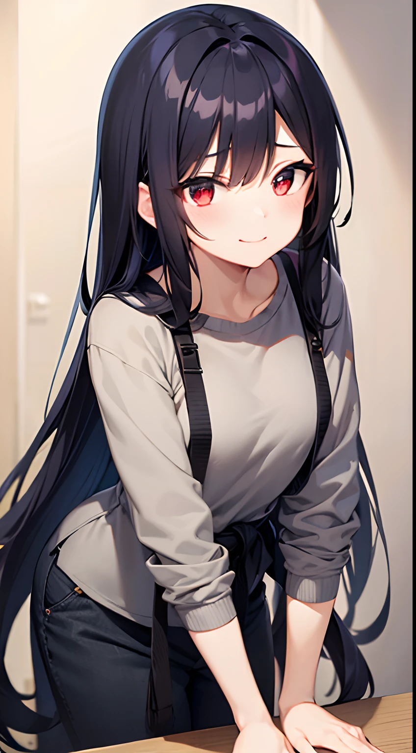 a woman with long hair and a gray shirt, mingei, booru, high quality, smiled at me, booru, ultra detailed, best quality, expressive eyes, perfect face, synchromism, red eyes, dada, black hair