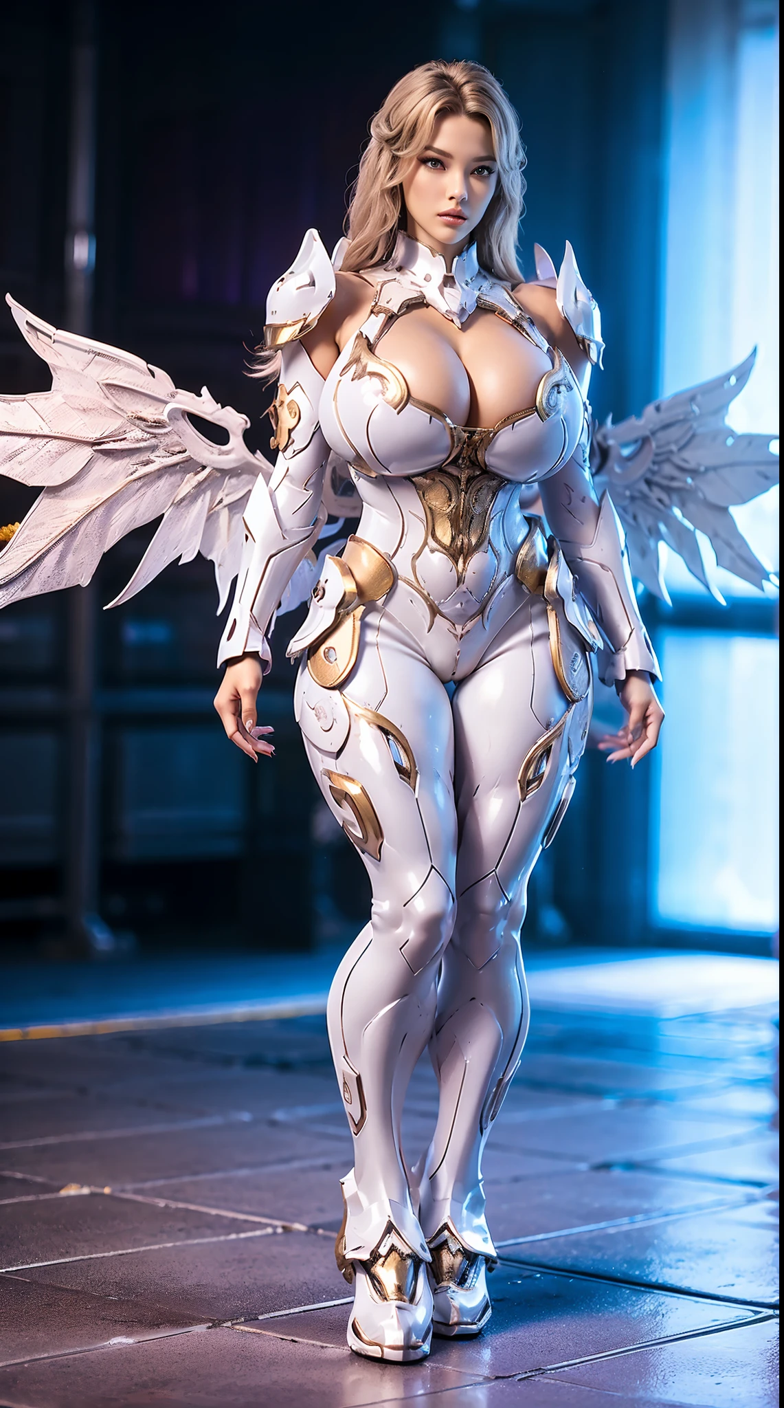 A WOMAN, BEAUTIFULL FACE, HUGE BOOBS, RGB, WHITE, GOLD, PURPLE, MECHA ARMOR FULL GEAR, (SUIT), (CLEAVAGE), (A PAIR LARGEST WINGS), (FULL BODY:1), TRANSPARANT, TALL LEGS, STANDING, SEXY BODY, MUSCLE ABS.