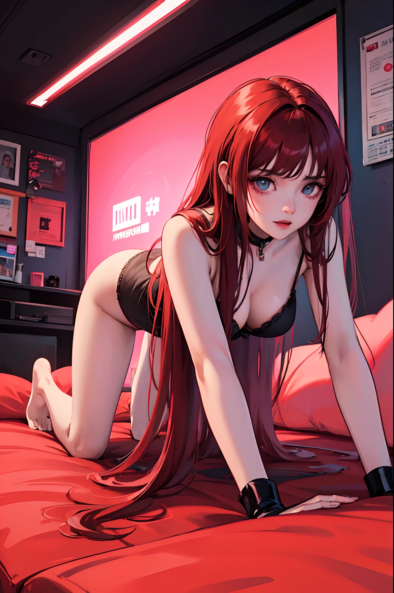 Beautiful cyberpunk girl on all fours on the floor wearing only panties, olhando diretamente para a foto, imagem frontal, em cima da cama, only ambient light is neon red, on the bed, super attractive cyberpunk girl