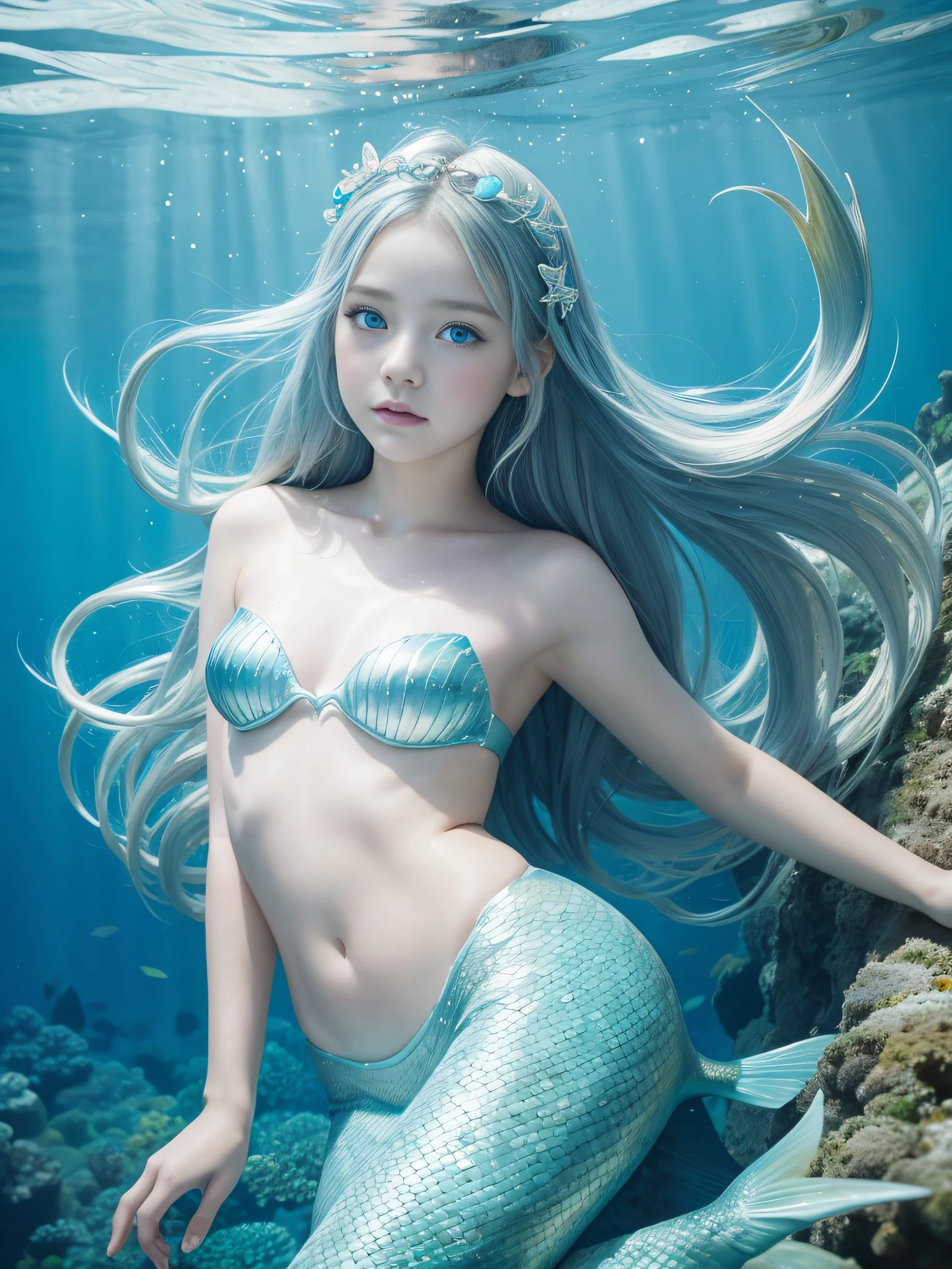 8K、Girl dressed as a mermaid Underwater - Sea、mermaid、 beautiful girl、Slightly baby-faced、silber hair、Light blue eyes