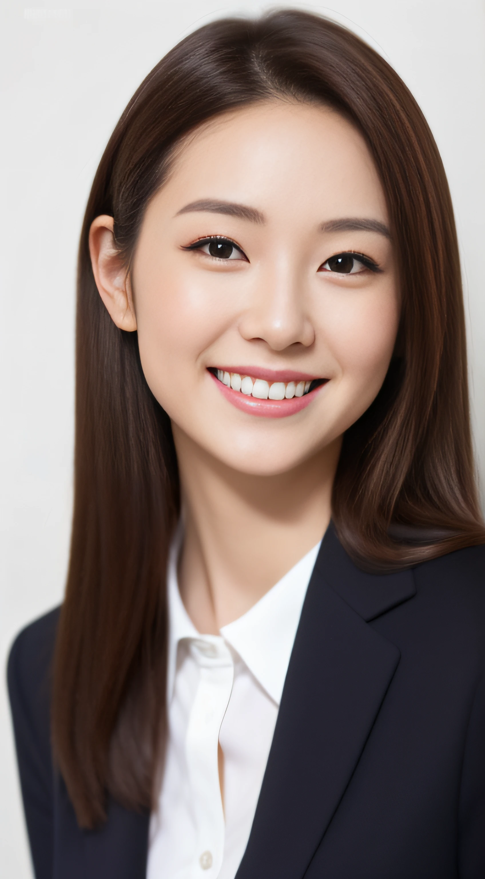 The face is a hostess、Clothes are business suits、hiquality、A hyper-realistic、healthy、Smiling expression、Slender perfect figure、Japan beauties、beautidful eyes、face perfect、Beautiful skin、White wall background