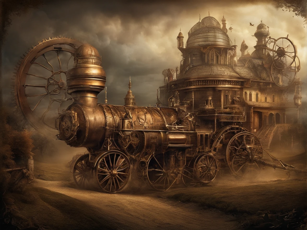 (best quality,ultra-detailed:1.2),HDR,sci-fi,concept art,castle,moving,massive,far view,spider-like,steam punk machine,grassland,long metal legs,steam rise,unique design,vivid colors,blurred background,giant,majestic presence,mysterious atmosphere,impressive craftsmanship,advanced technology,intense lighting,dynamic composition,grand scale,awe-inspiring.