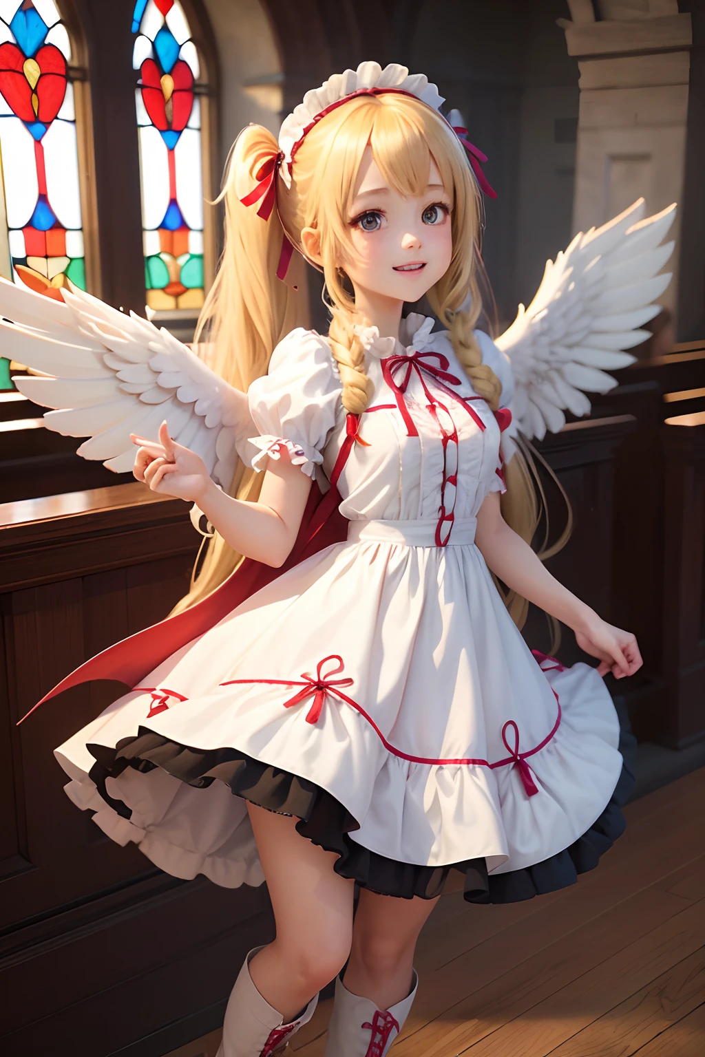 (1girl in),( absurdly , High quality , ultra-detailliert ),(Summer in the morning),(masutepiece),(Stained Glass Church),(long-haired blonde twin-tails),（Gorgeous Maid Long Dress）,with a red ribbon on the head,,,,,,(Cute 3D anime petite girl rendering),Super Detailed Beautiful Girl,Energetic pose,Laughing,watching at viewers,Wearing long boots,Has big angel wings,Halo,heart mark, Full body portrait, Perfect face and nice perfect face, Surreal concept, 8K resolution, photographic quality,