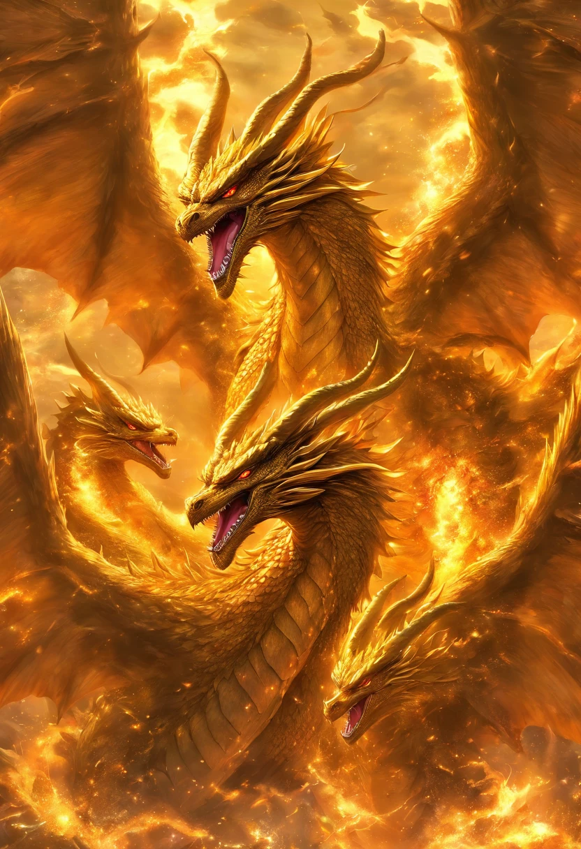 Three-headed Ghidorah,Three heads,massive wings,exquisite detailing,immensity