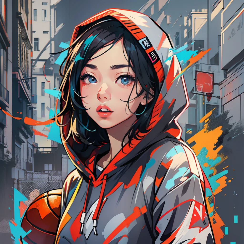 Create pop art style digital artwork, Featuring vibrant and confident young asian girl in street fashion, wearing hoodies、Cinematic color scheme, Energetic brush strokes,calm atmosphere, Upper body, Drawing, Illustration, grayscales, Have a basketball with wine、solid background、
