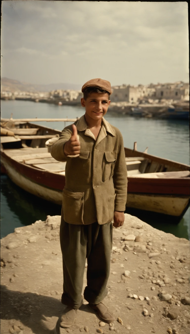 poor white 16yo boy stand up holding nuts and waving with his hands in Algeria boat port waving with his hand, dirty clouths ,1948,full body, real-life photograph, french architecture, provia, security agent, vignette, small of people, real, large frame