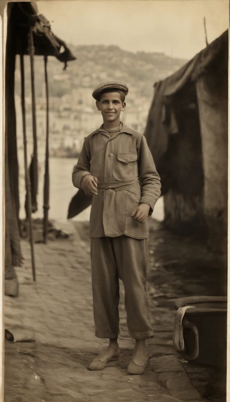 poor white 16yo boy stand up holding nuts and waving with his hands in Algeria boat port waving with his hand, dirty clouths ,1948,full body, real-life photograph, french architecture, provia, security agent, vignette, small of people, real, large frame