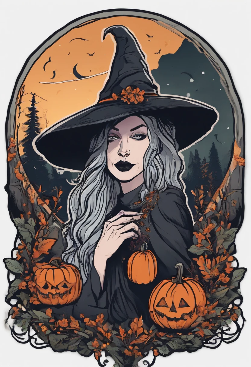 /imagine prompt: Witch illustration with black background sticker, Poison in hand,Bold outline style, Jagged edges, Garbage core, Light and shadow --V 5.2