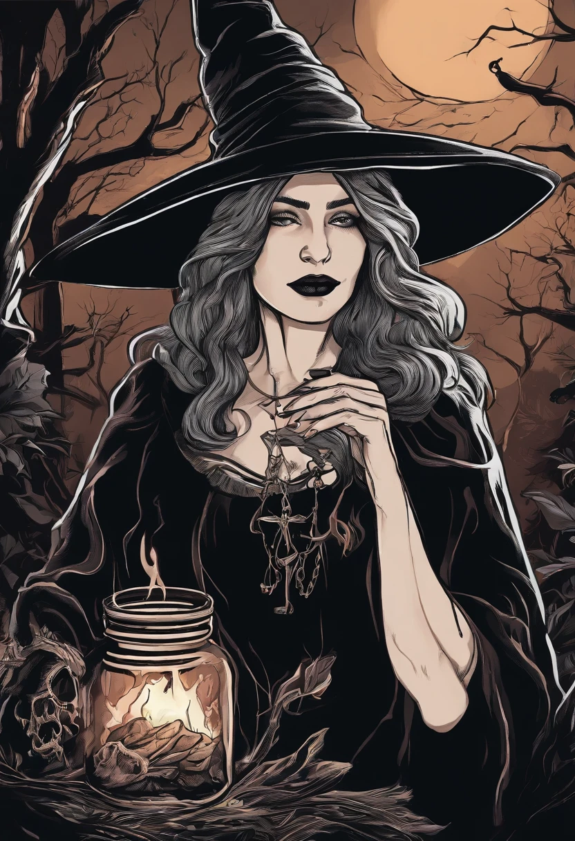 /imagine prompt: Witch illustration with black background sticker, Poison in hand，Bold outline style, Jagged edges, Garbage core, Light and shadow --V 5.2