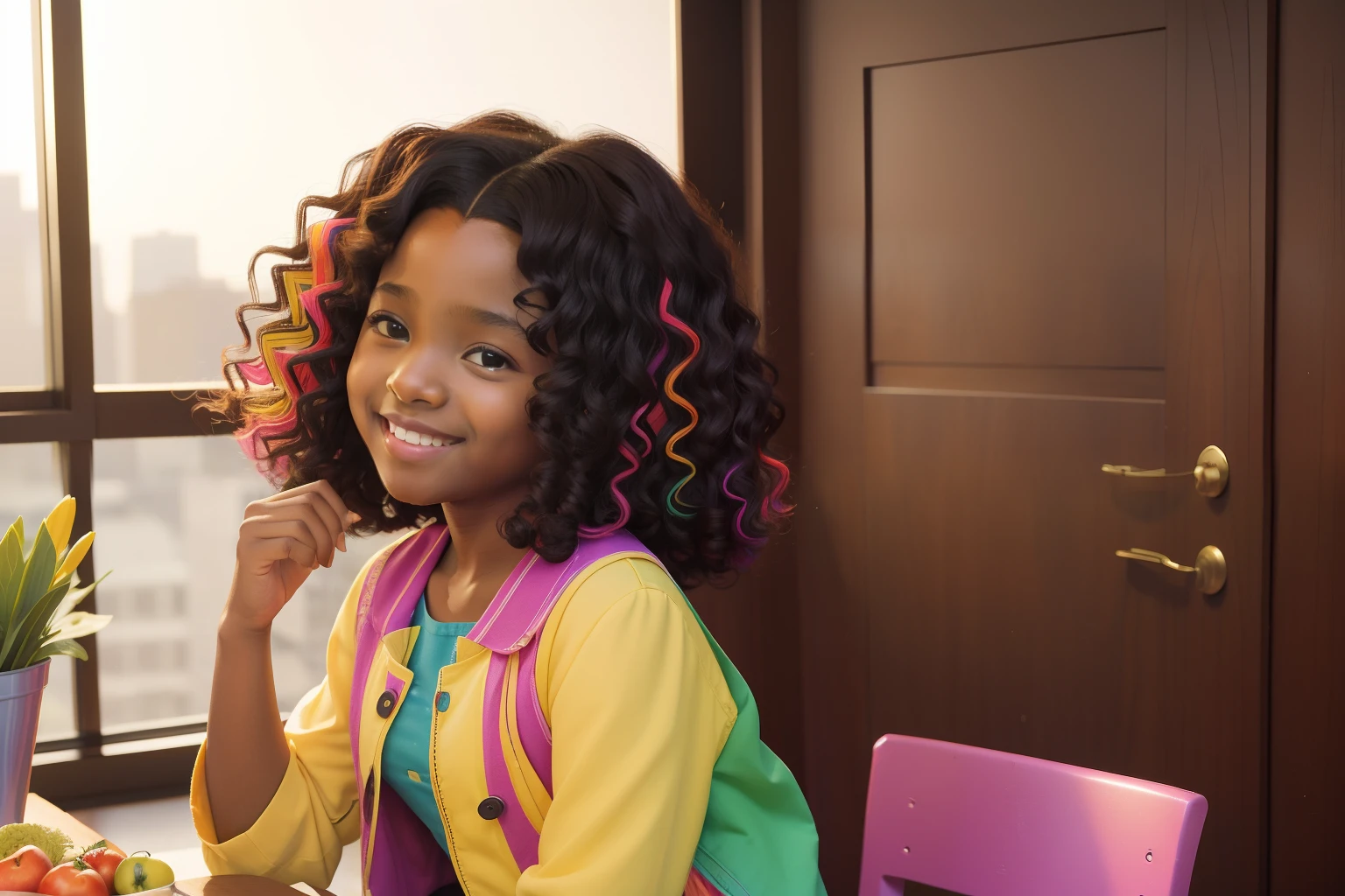 Year: 2012. Location: North River Heights, Manhattan. pre-raphaelite -yeld bl girl, long curly hair and (kind smile), middle sc with her lunch, (((2010s colorful clothes))) ((2010s hairstyle)) ((in the style of "OMITB")) ((cinematic style))