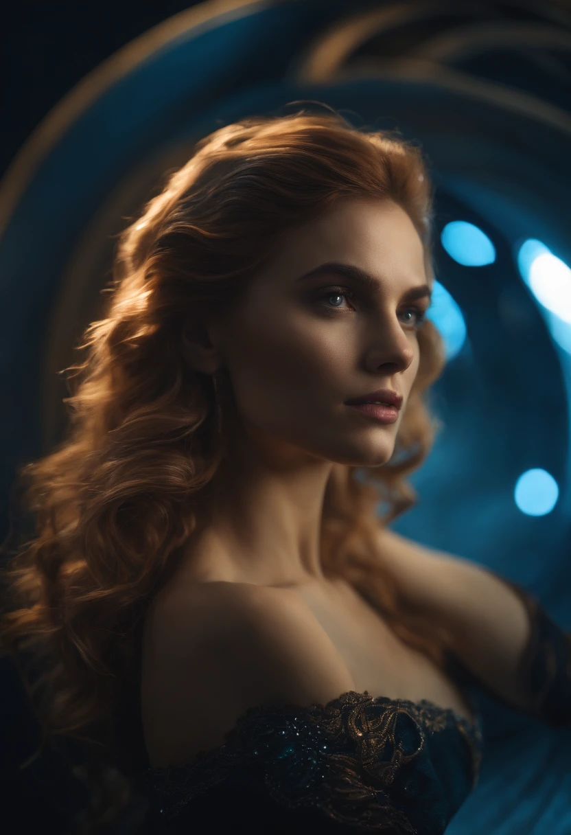 photo, portrait, intimidant Femme flottant [The discovery of a wormhole leads to new worlds|A cursed prince must marry a monster], [Scifi:fantaisie:0.6] lighting cinematic