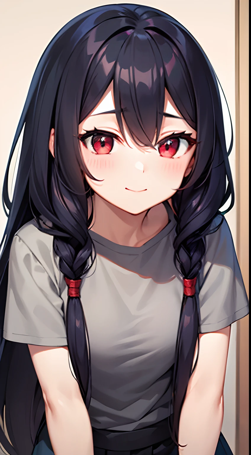 a woman with long hair and a gray shirt, mingei, booru, high quality, smiled at me, booru, ultra detailed, best quality, expressive eyes, perfect face, synchromism, red eyes, dada, black hair