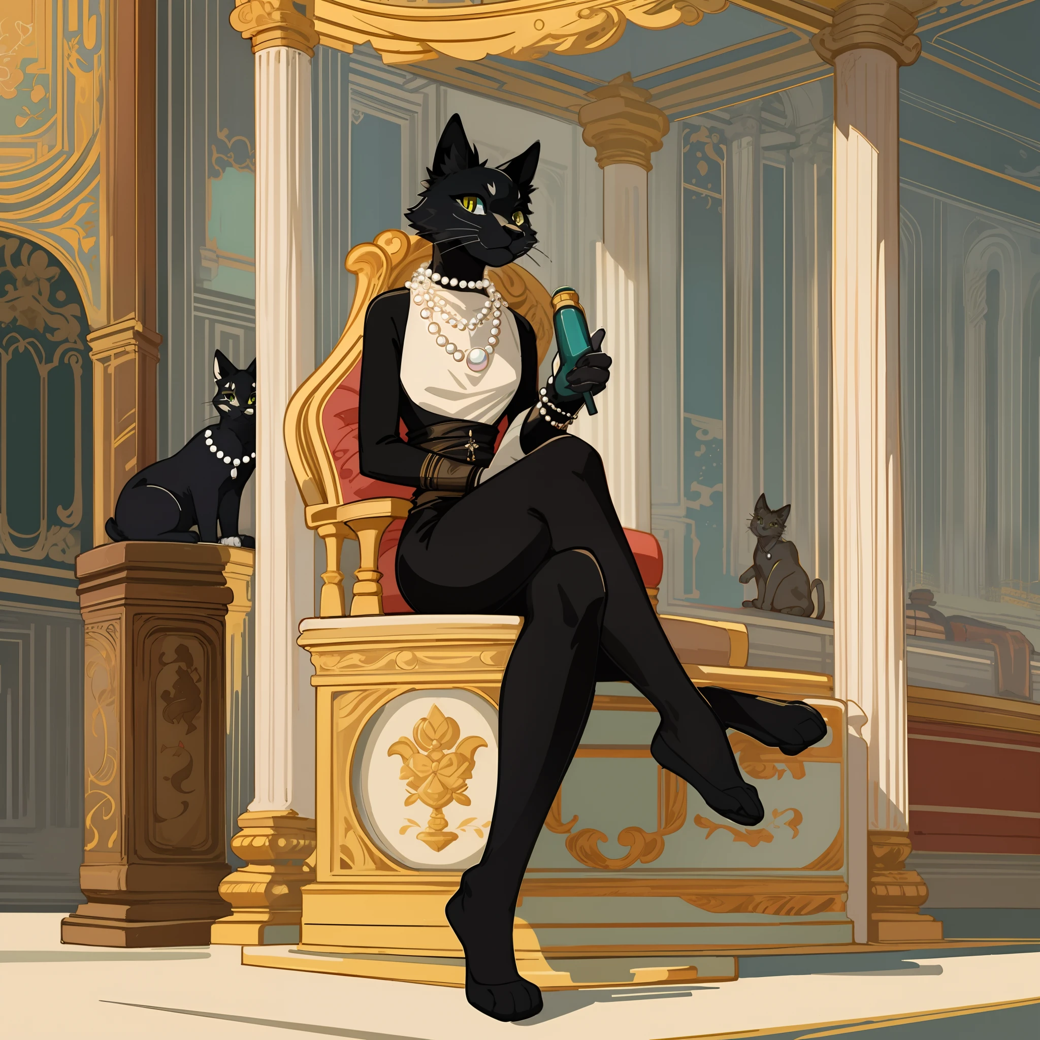 vector art, arafed black cat sitting on a pedestal with a pearl necklace, elegant cat, 1920s advert, 1960s advertisement, luxury advertisement, magazine advertisement, 1960s perfume bottle ads,