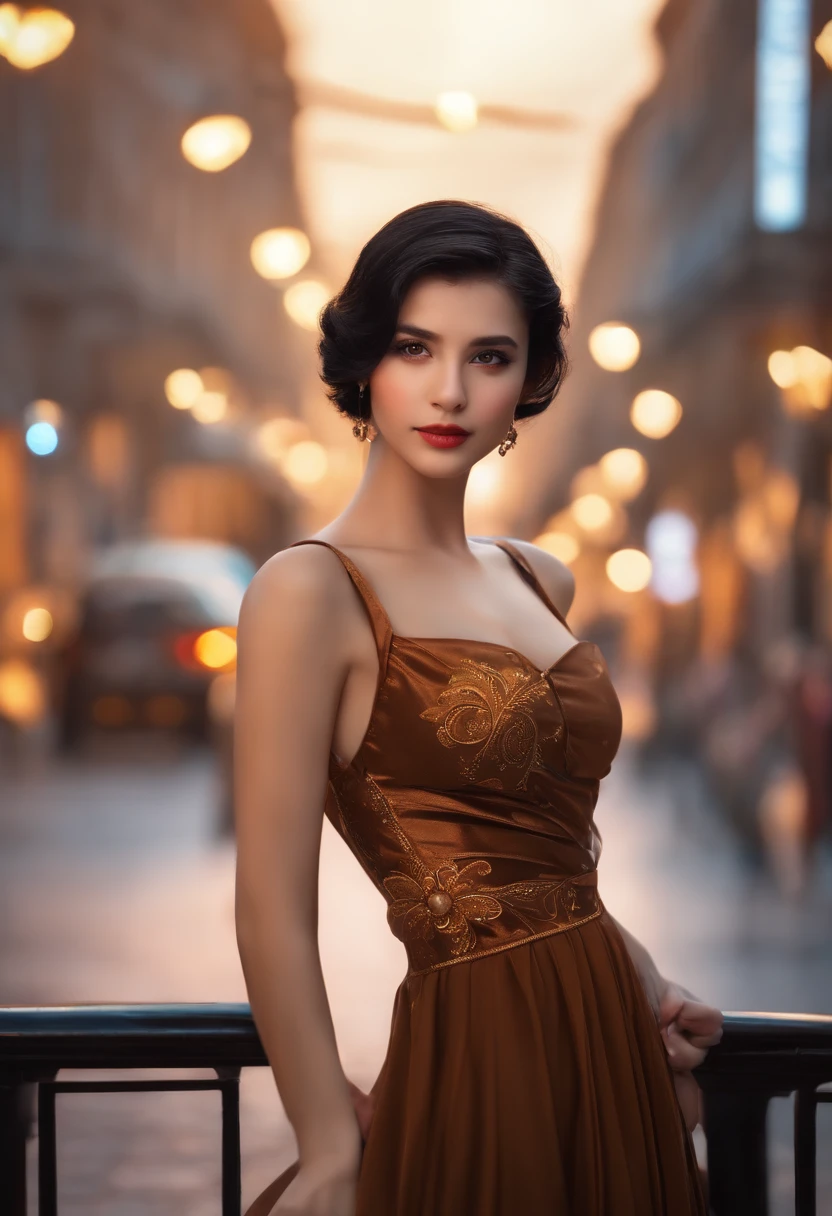 cute young woman, Short black hair, Brown eyes, Empress,Pleated skirt set,the street lights,neonlight,Bustling street background,(navel:1.1,Princess Eyes), nobles, royalti, High quality, Masterpiece, Highly detailed，nakeness