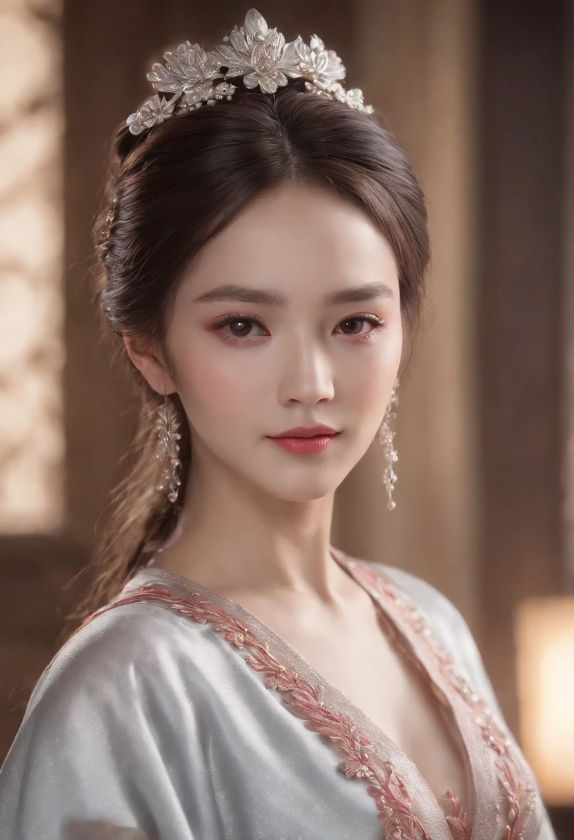 Best quality, Masterpiece,Upper body,(Background:sonoko),1 girl, Mature woman, Chinese style, Ancient China, sister, Dancer, Dark brown hair, Dark hair, Princess cut, Fried dough twisted braids, Coiled hair, Double ball head,Coiled hair,Streamers, Light pink lips, calm, Intellectual, Red eyes, nipple tassels, Silver, Beads,Peony flower, offcial dress, capes, Silk skirt, Embroidery, Fine face, facial closeups, Close-up of the hand,Light-colored clothes,Beautiful face,Photorealistic, rim lit, twotonelighting,(highdetailskin:1.2), 8K, Ultra HD, Digital SLR, Soft lighting, High quality, voluminetric lighting, photographed, high resolution, 4K, 8K, Bokeh