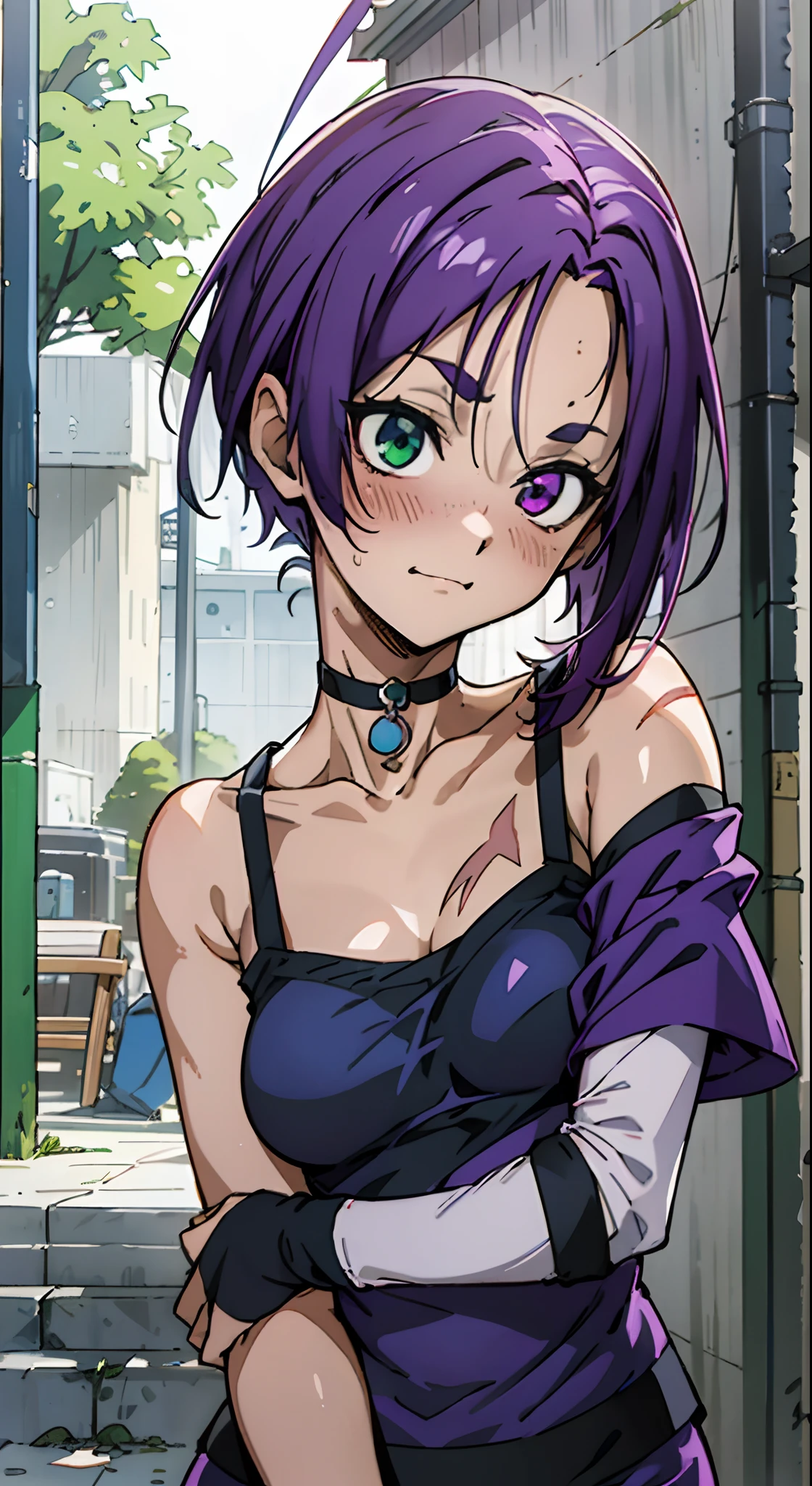 Masterpiece, Best quality, Ultra-detailed, Off-the-shoulder attire, Colorful,take up close, Hyper-detailing，purple color hair, reo mikage, bluelock, no sleeves, camisole, blue camisole, cheongsam, chinese clothes, chest exposure, underwear, the kinky is exposed, choker, black choker, arm warmers, navy arm warmers, arm warmers from shoulder to wrists, sexy breasts, scar, big breasts, red blush, 1girl, Solo, sharpy face, heterochromia, green eyes, purple eyes, Bare neck, happiness face, rays of sunshine, brautiful sky, shining sky, slum town