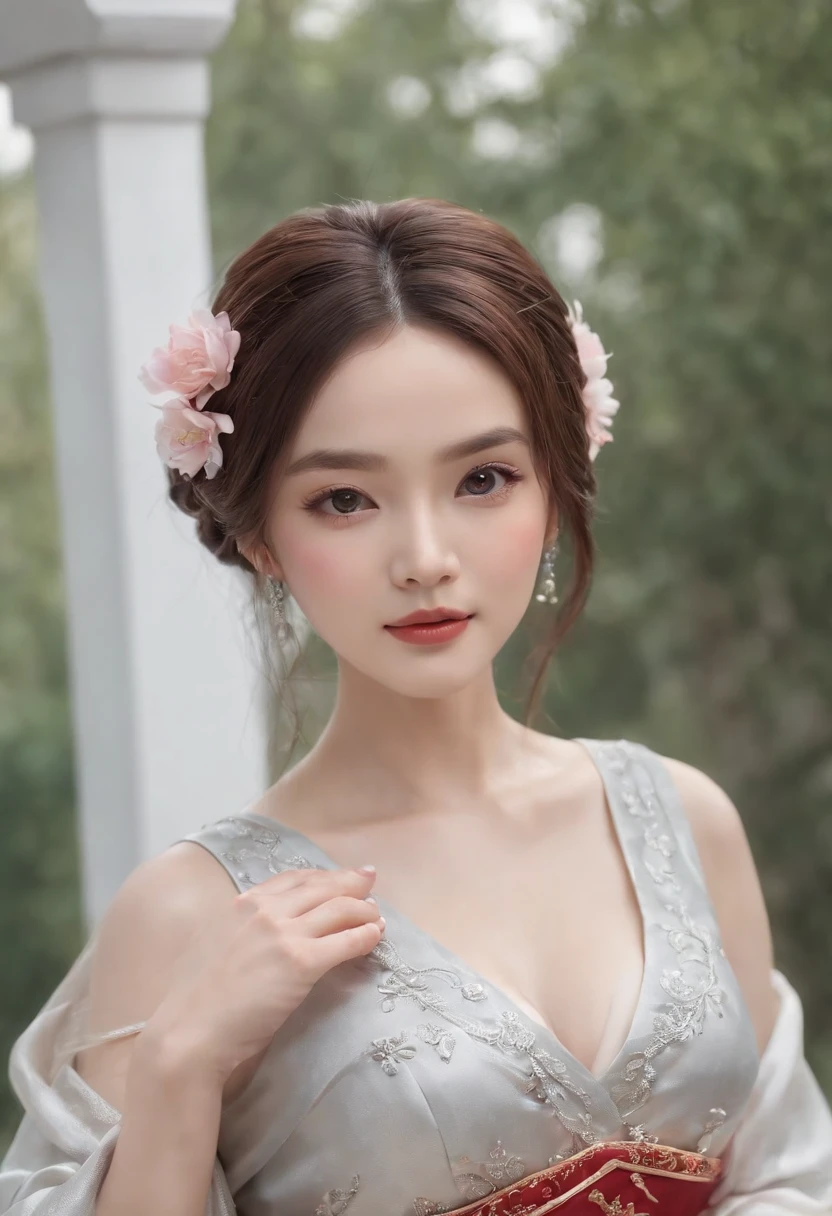 Best quality, Masterpiece,Upper body,(Background:sonoko),1 girl, Mature woman, Chinese style, Ancient China, sister, Dancer, Dark brown hair, Dark hair, Princess cut, Fried dough twisted braids, Coiled hair, Double ball head,Coiled hair,Streamers, Light pink lips, calm, Intellectual, Red eyes, nipple tassels, Silver, Beads,Peony flower, offcial dress, capes, Silk skirt, Embroidery, Fine face, facial closeups, Close-up of the hand,Light-colored clothes,Beautiful face,Photorealistic, rim lit, twotonelighting,(highdetailskin:1.2), 8K, Ultra HD, Digital SLR, Soft lighting, High quality, voluminetric lighting, photographed, high resolution, 4K, 8K, Bokeh