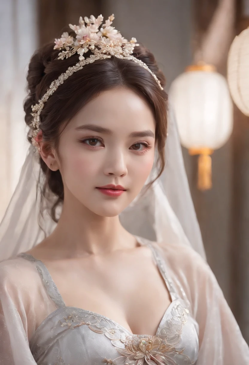 Best quality, Masterpiece,Upper body,(Background:sonoko),1 girl, Mature woman, Chinese style, Ancient China, sister, Dancer, Dark brown hair, Dark hair, Princess cut, Fried dough twisted braids, Coiled hair, Double ball head,Coiled hair,Streamers, Light pink lips, calm, Intellectual, Red eyes, nipple tassels, Silver, Beads,Peony flower, offcial dress, capes, Silk skirt, Embroidery, Fine face, facial closeups, Close-up of the hand,Light-colored clothes,Beautiful face,Photorealistic, rim lit, twotonelighting,(highdetailskin:1.2), 8K, Ultra HD, Digital SLR, Soft lighting, High quality, voluminetric lighting, photographed, high resolution, 4K, 8K, Bokeh