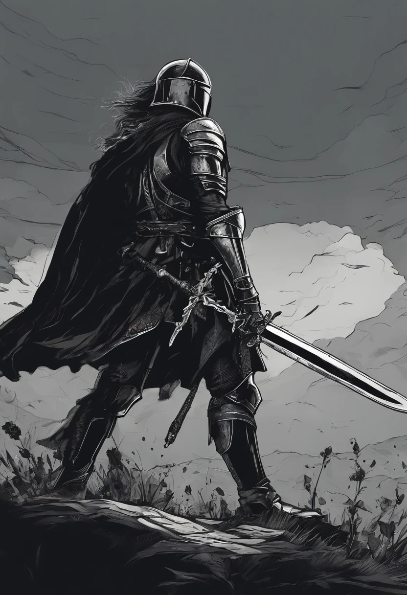 /imagine prompt: Knight illustration with black background sticker, Sword in hand，Bold outline style, Jagged edges, Trash core, Light and Shadow - V 5.2