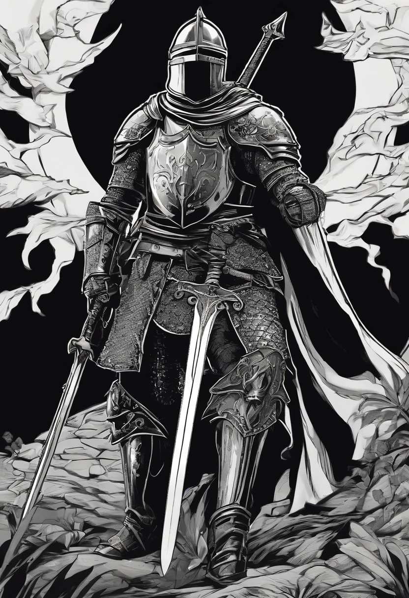 /imagine prompt: Knight illustration with black background sticker, Sword in hand，Bold outline style, Jagged edges, Trash core, Light and Shadow - V 5.2