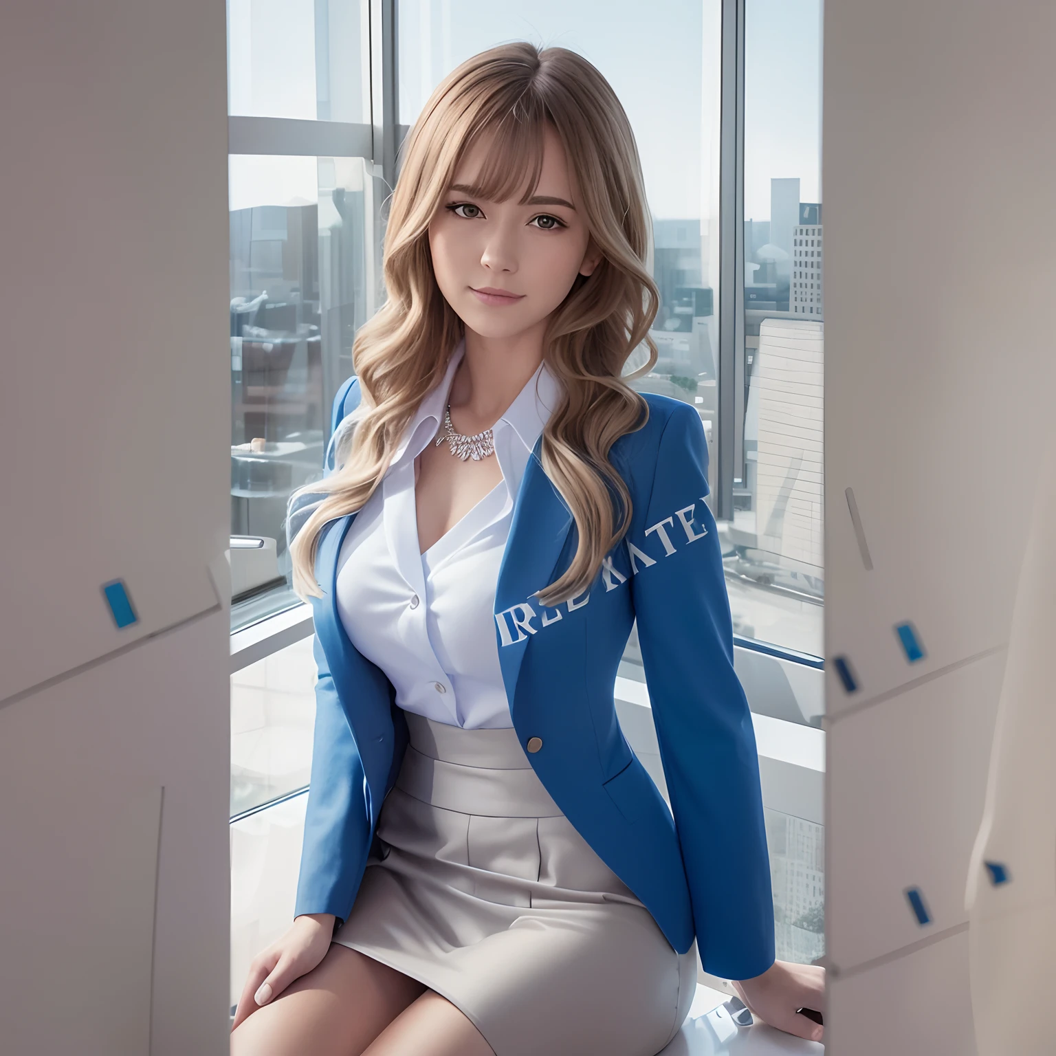 Image of Alphad sitting on a windowsill with a woman in a blue suit, Girl in suit, girl in a suit, taken in 2 0 2 0, dressed in a suit, Business clothes, office clothes, Business suit, well lit professional photo, realistic professional photo, detailed professional photo, Business attire, wearing jacket and skirt, dressed in a suit